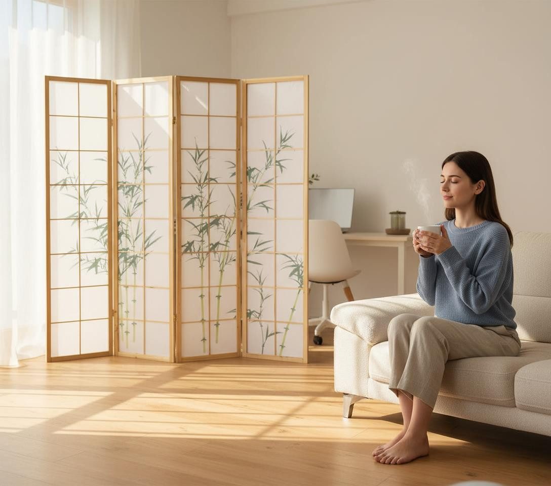 Homestyle4u Paravent Holz Raumteiler Bambus Shoji in Natur Sichtschutz Indoor Muster Motiv, Trennwand, 4-teilig, faltbar