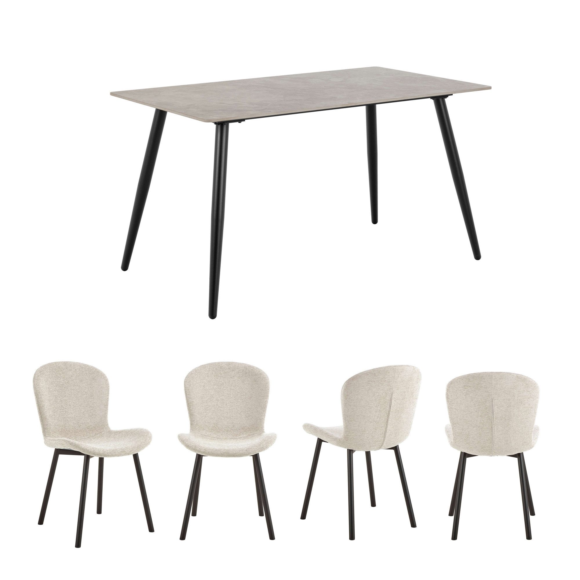 ACTONA GROUP Esszimmer-Set Essgruppe, Speisetisch mit Stühlen, (Komplett-Set, 5-St., 1x Tisch + 4x Stühle), Rechteckig Esstisch + 4x Stühle, grau keramik, beige,140x80x75cm