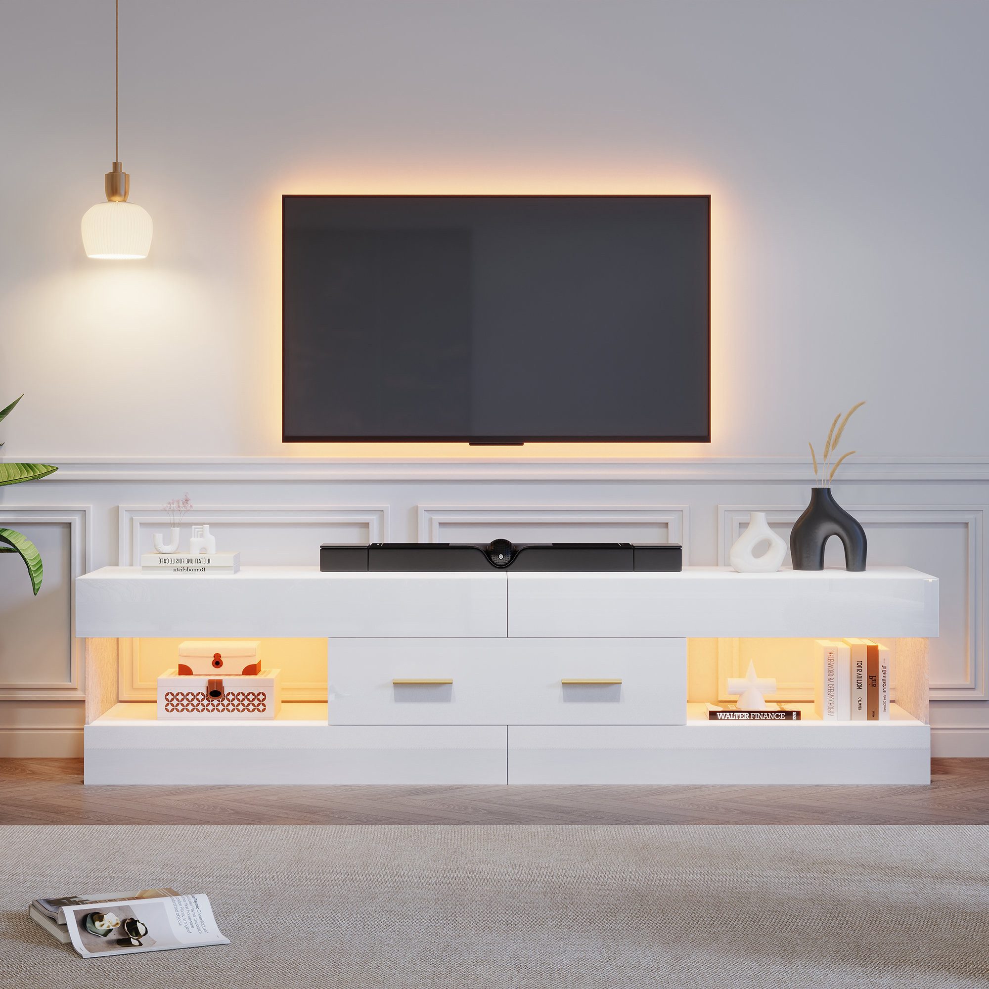 Odikalo TV-Schrank Lowboard mit LED Acryl offenes Fach + 2 Schubladen (App-gesteuerte LED (Farben/Modi). Kratzfeste, wasserabweisende Acryl-Oberfläche. 2 Schubladen, offenes Fach. Kabelführung. Bis 75 Zoll)