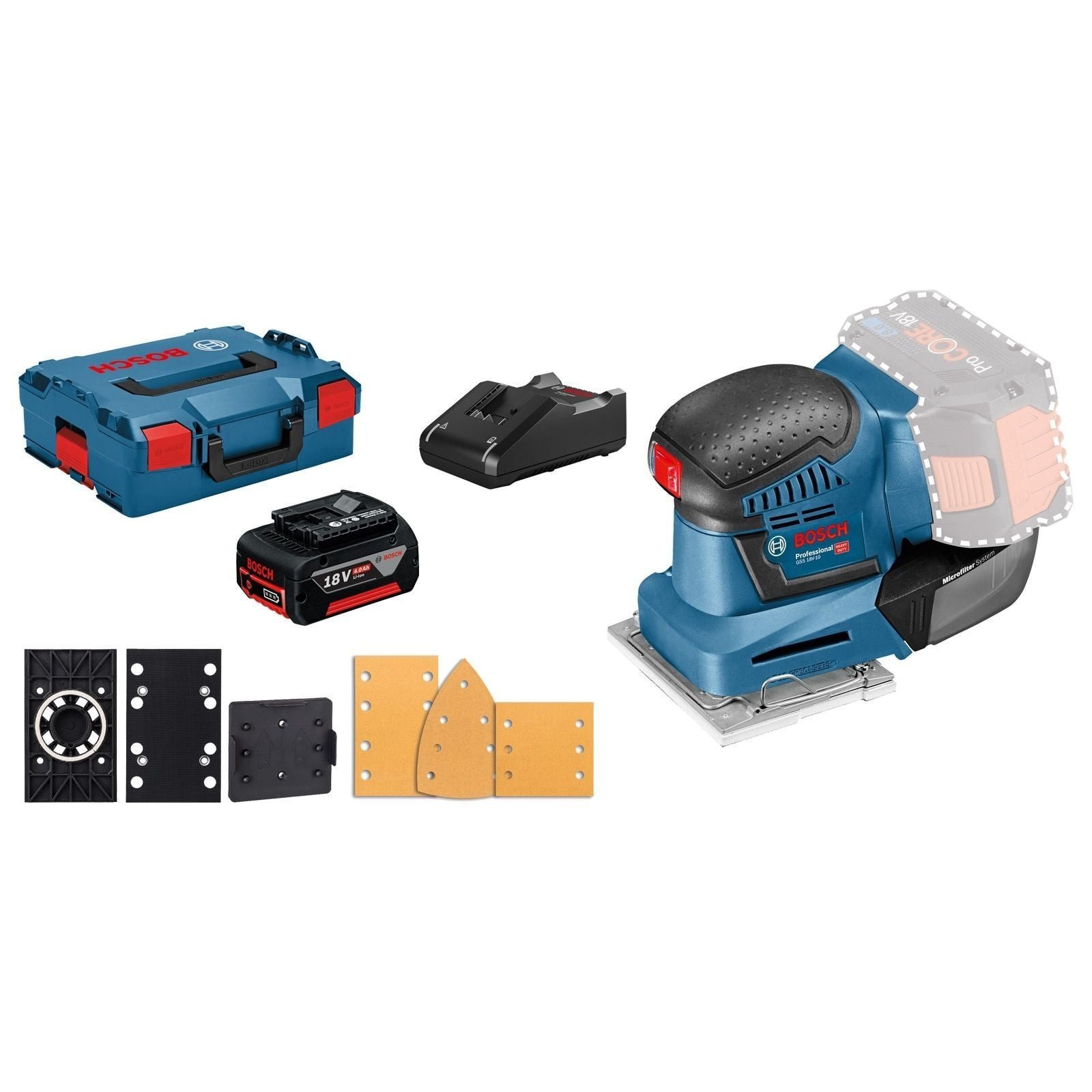BOSCH Akku-Schwingschleifer Bosch Akku-Schwingschleifer GSS 18V-10 / 1x 4,0 Ah Akku + Ladegerät in