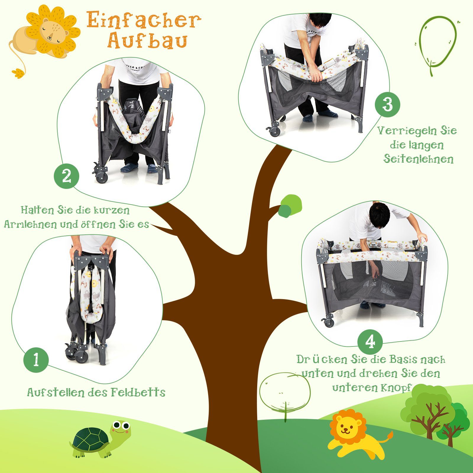 COSTWAY Baby-Reisebett 4 in 1 Wickeltisch, höhenverstellbar mit Matratze, Spieluhr