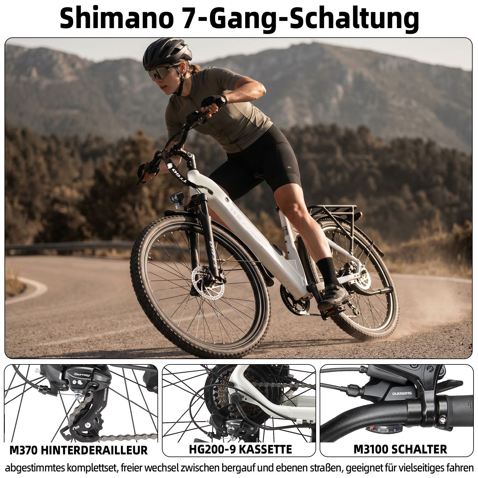 TTGO E-Bike Cityrad 28 Zoll, 70 Nm, Federsattelstütze, C5, für Alltag, Pendeln und Touren, 7 Gang Shimano, Kettenschaltung, Heckmotor, 648 Wh, City Pedelec mit  – Bild 3 von 5