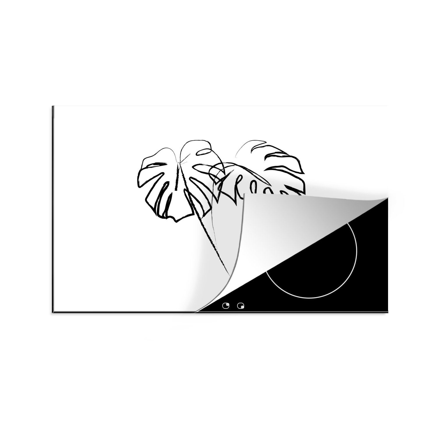 Induktionskochfeld Blätter tlg), die Herdblende-/Abdeckplatte 81x52 Pflanze MuchoWow für cm, - Schutz küche, Vinyl, Strichzeichnung, (1 Ceranfeldabdeckung -