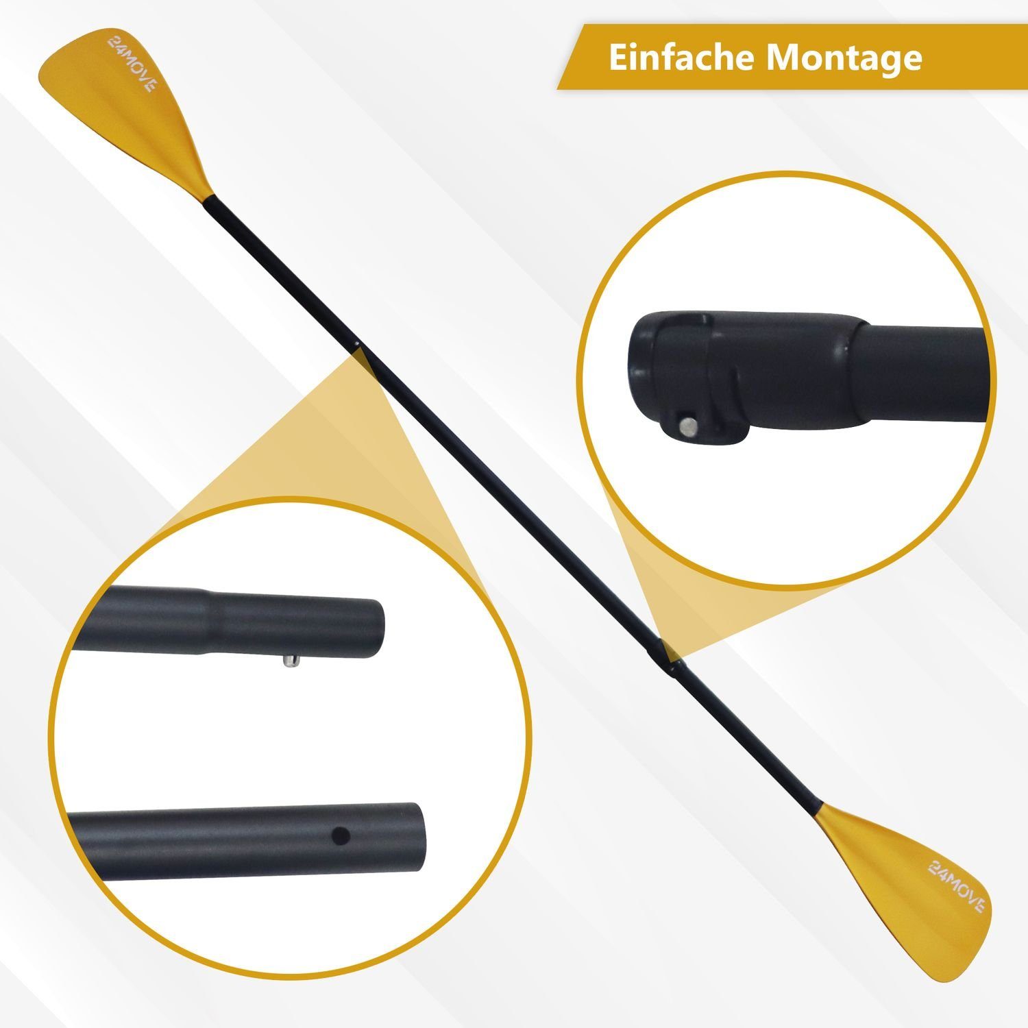 24Move Doppelpaddel, Premium Stand Up Paddle Aluminium, verstellbar, 4-teilig SUP-Paddel, (2 in 1 Paket, als Einzelpaddel oder Doppeltes Paddel, orange), für Paddelboards, Kajakboot und Ruderboot, universell einsetzbar