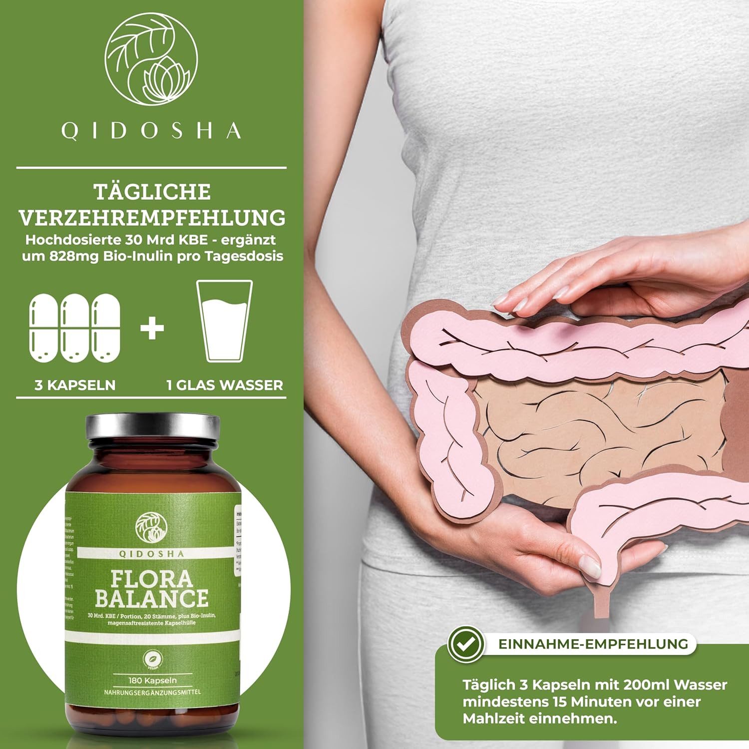 QIDOSHA FLORA BALANCE Bakterien-Kulturen-Komplex Kapseln, 180 St., 91.6 g, 20 Bakterienstämme mit Bio-Inulin