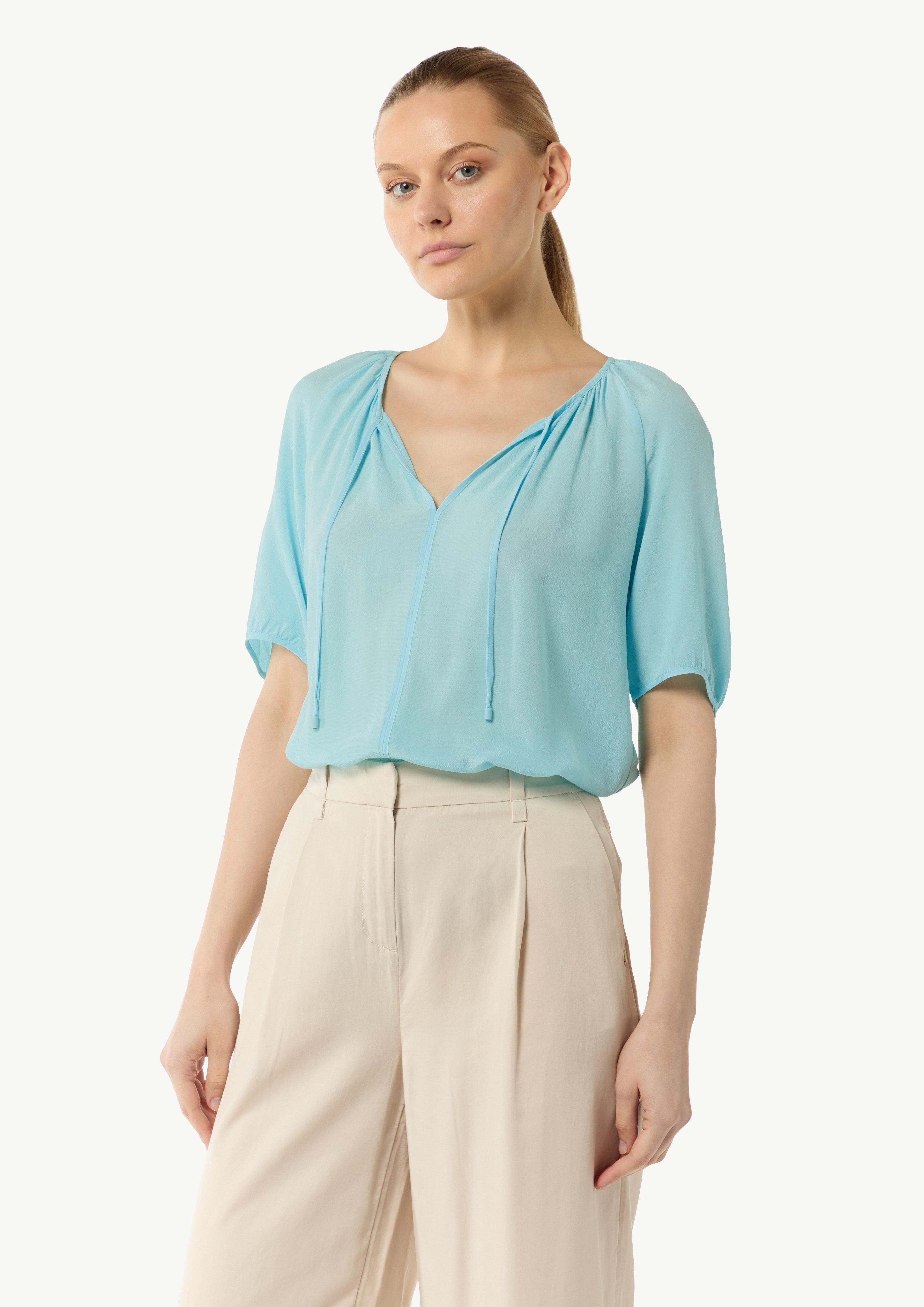 Kurzarmbluse Crêpe-Bluse mit voluminösen Ärmeln und Raffung