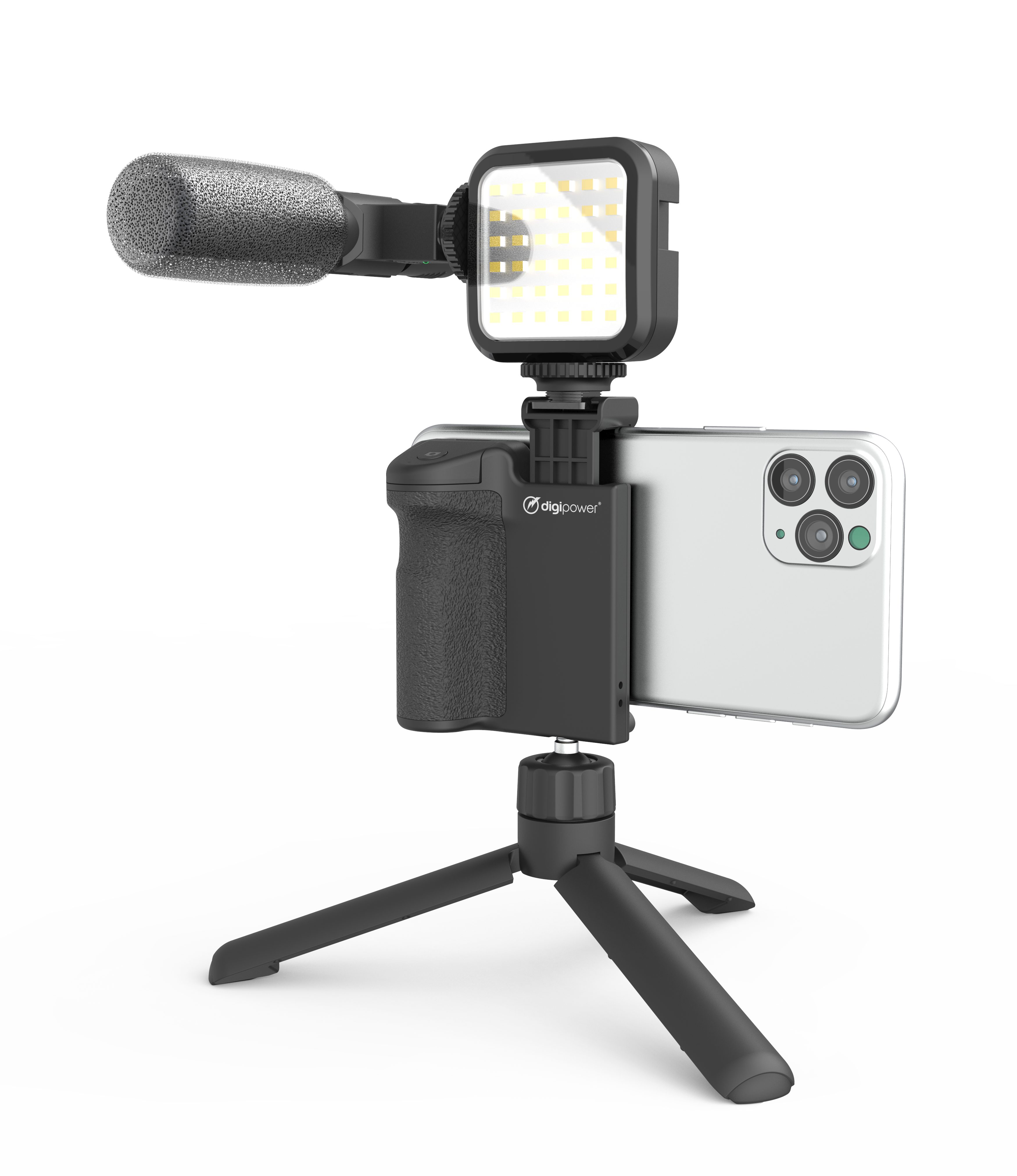 DigiPower Vlogging Set "Follow me" mit LEDs Mikrofon Kameragriff Mini-Stativ  Smartphone-Halterung, (4-tlg., für TikTok, Youtube, Live-Streaming und  Meetings)