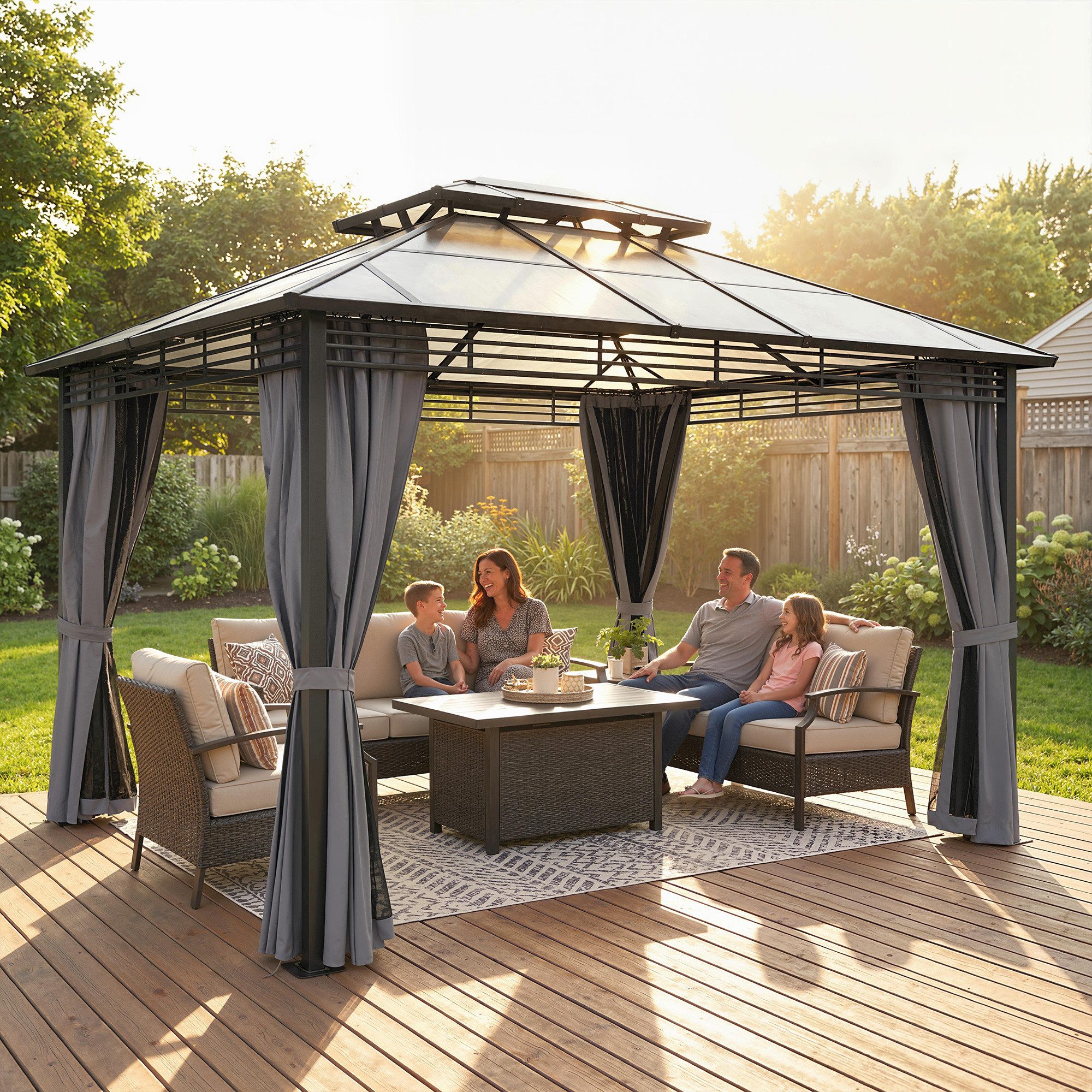 Outsunny Pavillon mit 6 mm Polycarbonat-Doppeldach, Moskitonetz, 4 Seitenteile, mit 4 Seitenteilen, (Gartenpavillon, Pergola), Dunkelgrau