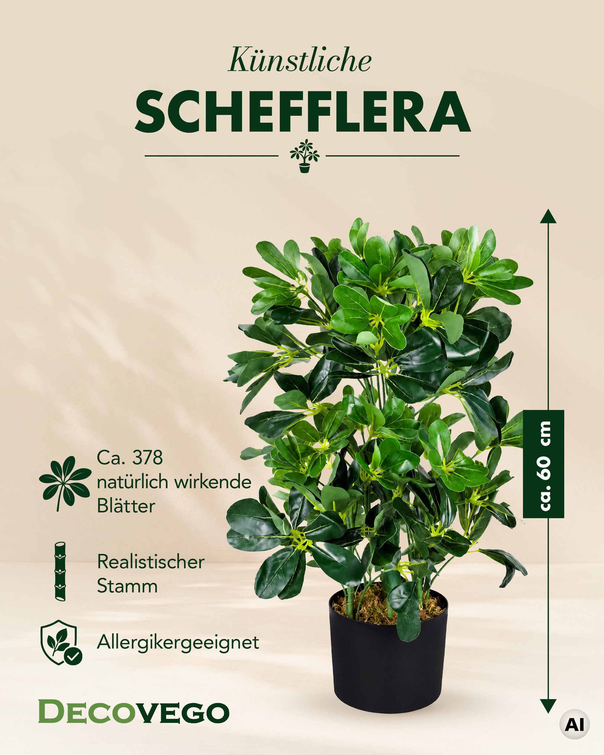 Künstliche Zimmerpflanze Schefflera Aralia Kunstpflanze Künstliche Pflanze Stahlenaralie 60 cm Schefflera, Decovego, Höhe 60 cm – Bild 2 von 5