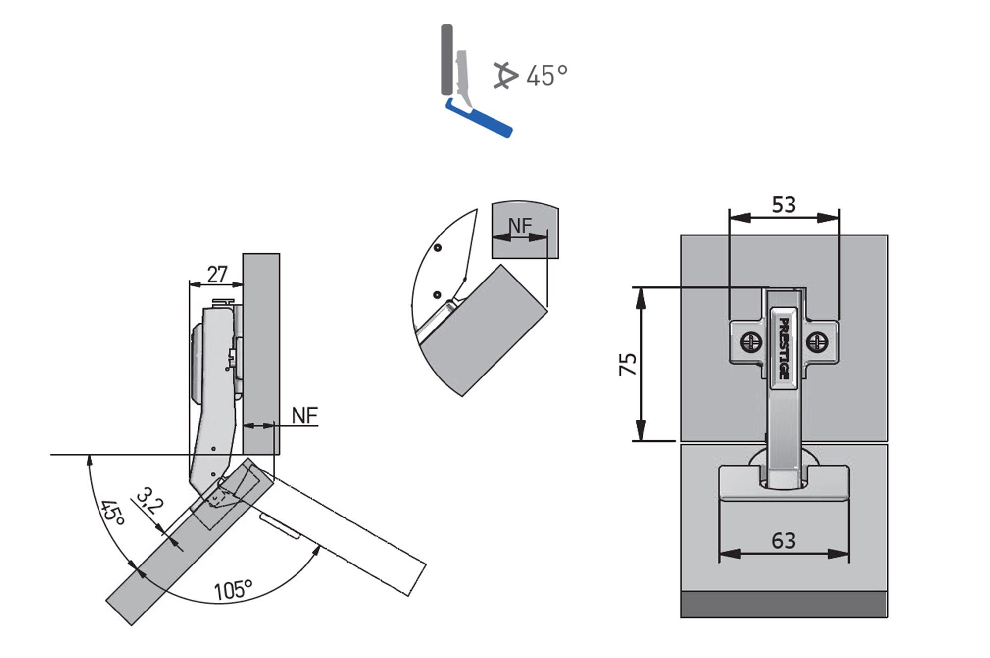 GTV Möbelbeschlag Winkelscharnier St) Dämpfung Scharniere mit 45⁰ integrierter Körperwinkel: HCKT (4
