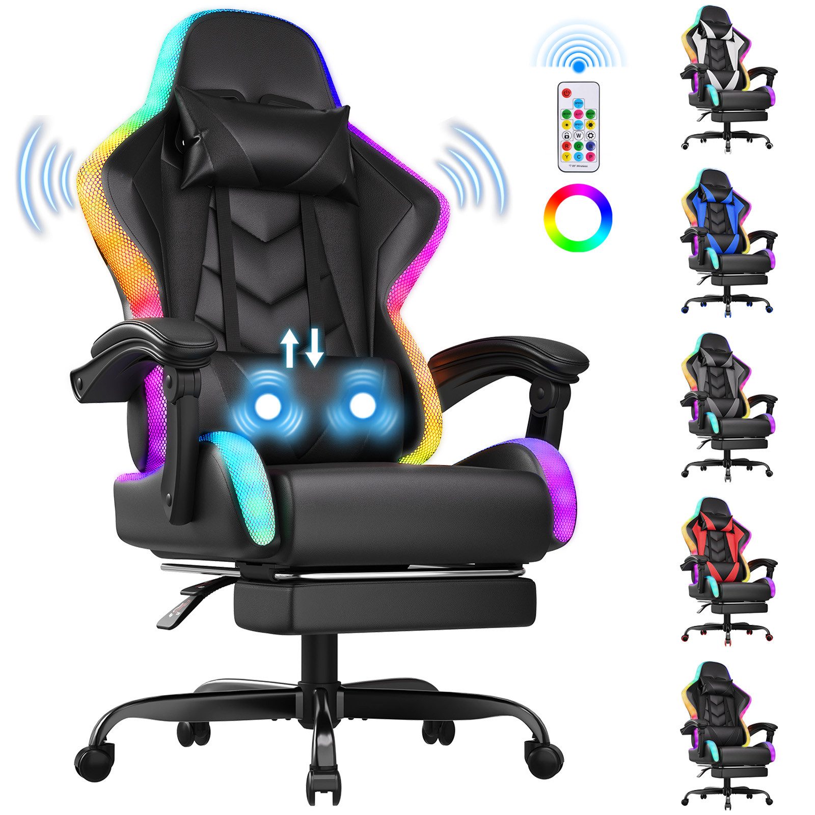 HOMALL Gaming-Stuhl mit LED,Ergonomisch,Fußstütze,computerstuhl,gaming stuhl mit massage (Die LED-Beleuchtung ist einstellbar, das Massagekissen für den Rücken ist beweglich), Ergonomischer Bürostuhl,Kopfstütze und Lendenstütze