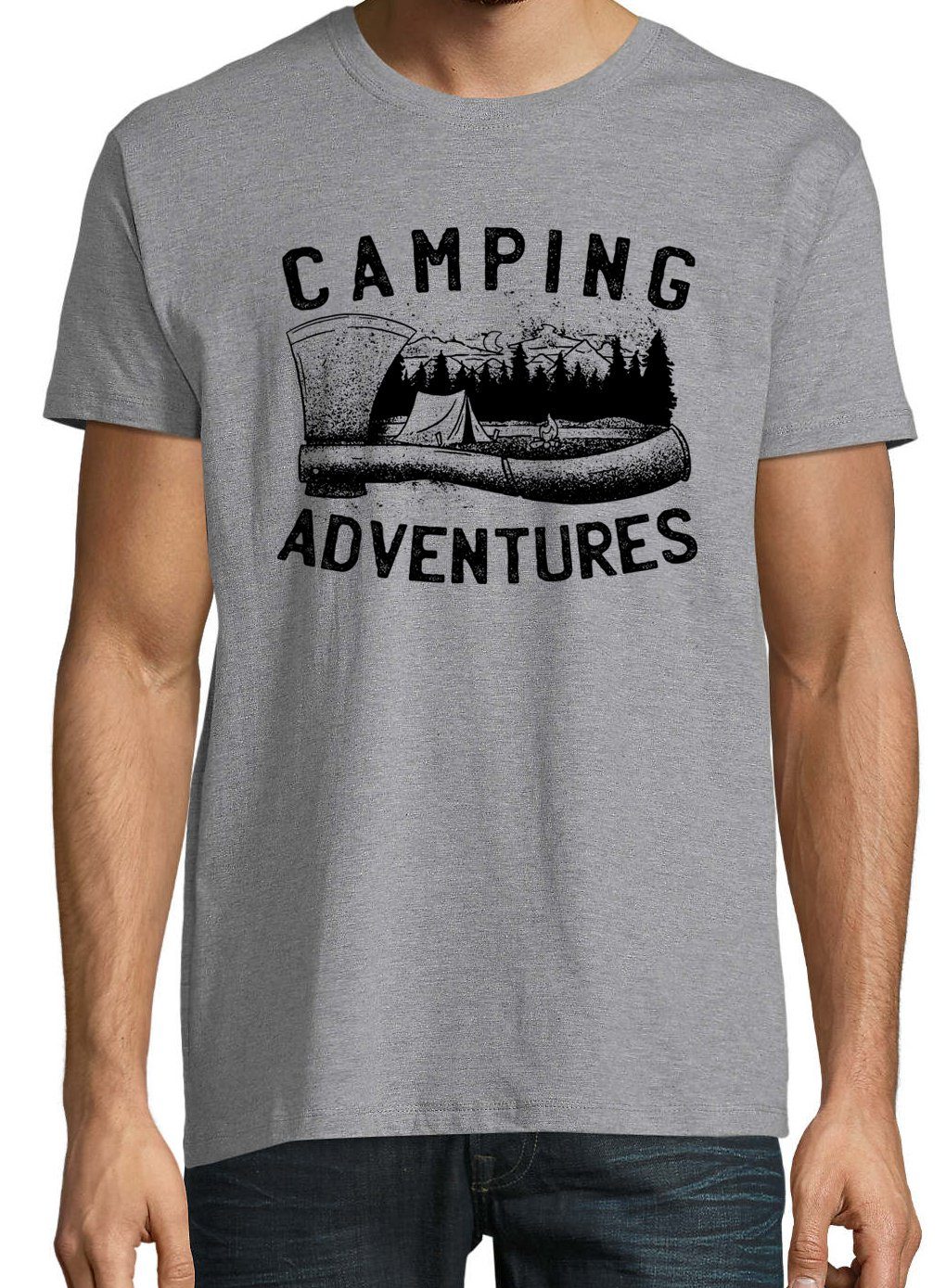 mit Camping T-Shirt trendigem Grau Youth Frontprint Herren Adventures T-Shirt Designz