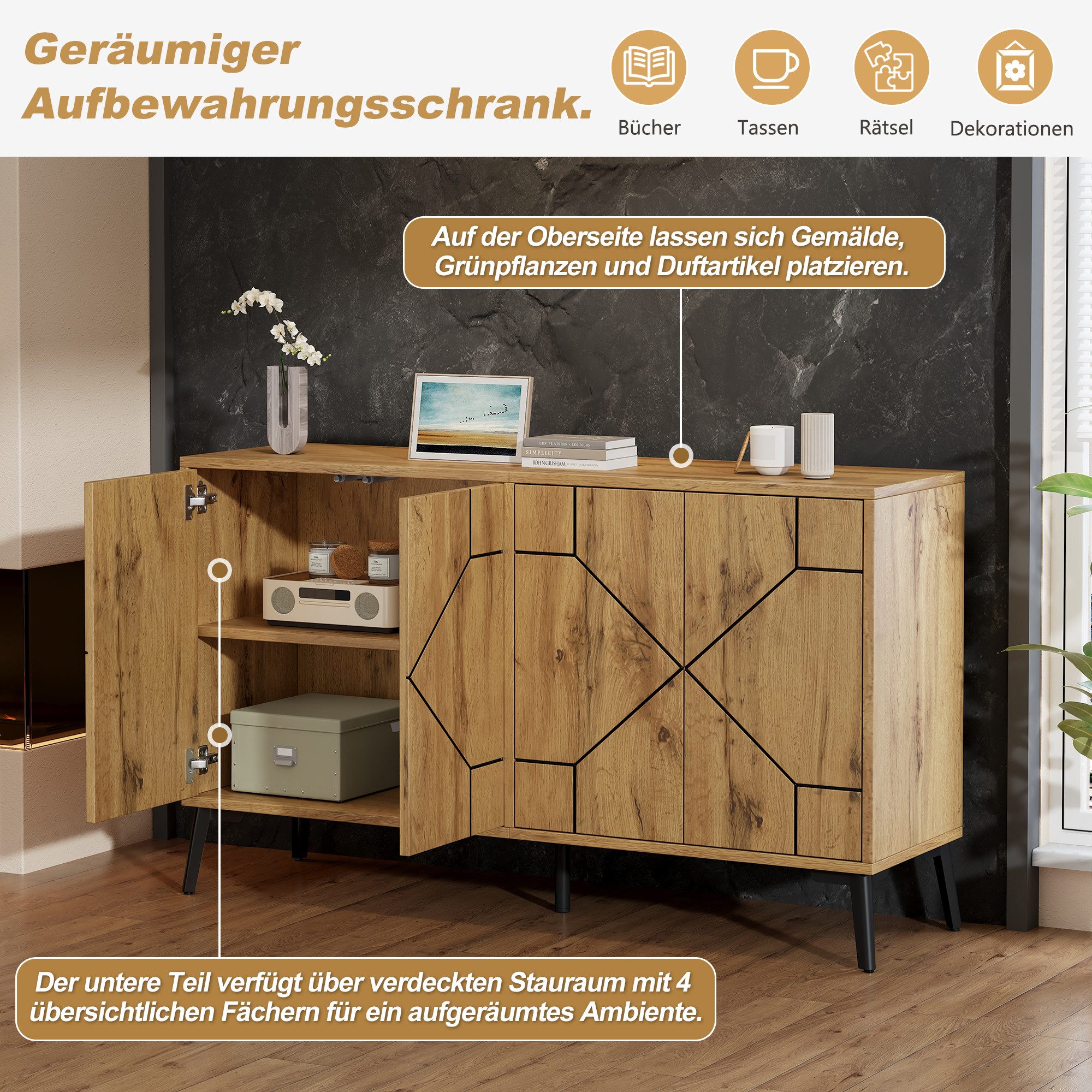 Merax Sideboard mit 4 Türen und großem Stauraum, Kommode mit Push-to-Open Mechanismus (120x35x69cm, 1 St), Aufbewahrungsschrank mit Wellenmuster, Küchenschrank  – Bild 5 von 5
