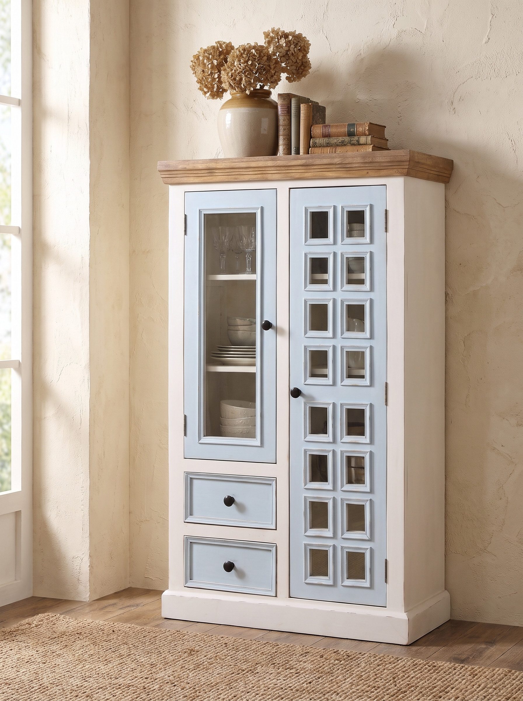 WOLF MÖBEL Sideboard (88 x 40 x 145), SIENA Highboard mit 1 Glas- und 1 Holztür & 2 Schubladen