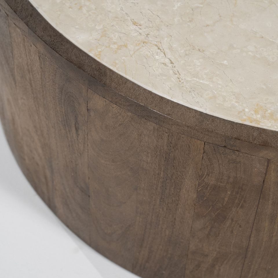 Maison ESTO Couchtisch Florenz rund Ø 79 cm aus Mangholz und Marmor (kein Set - 1 Couchtisch), Tischplatte aus Marmor