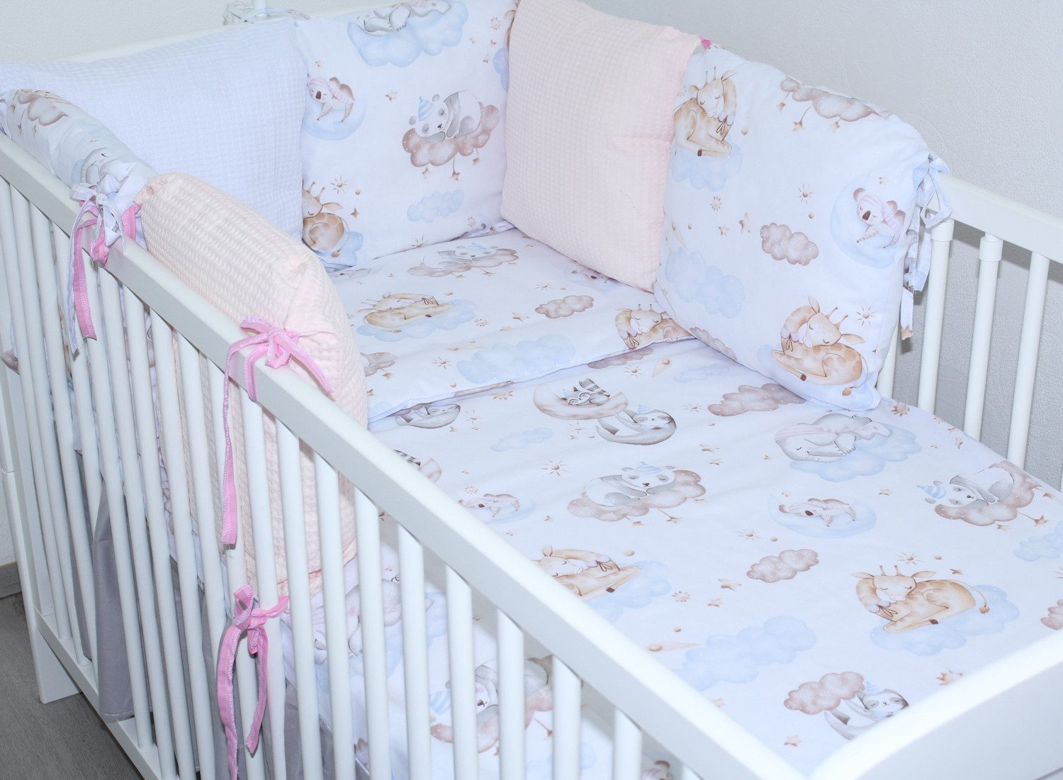 Primawela Babybettwäsche Bettwäsche Bettset Waffelpiqué - 6 x Kissen -Nestchen Vollstoff Himmel, 5 teilig