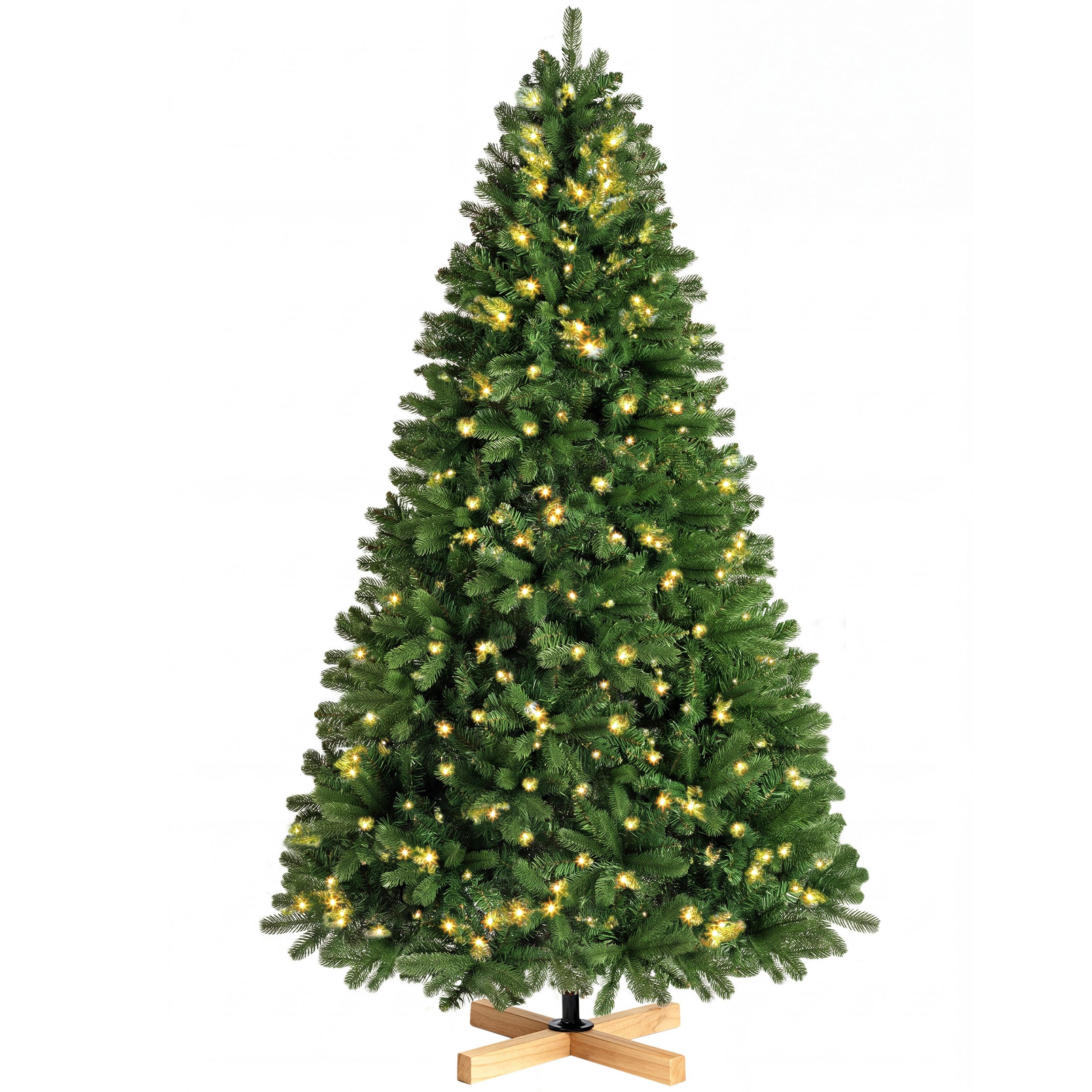 WHEELYOU Künstlicher Weihnachtsbaum 210 cm Tannenoptik, PE+PVC, 400 LEDs, Holzständer, 8 Lichtmodi, Dichte Tannenform, PE+PVC-Zweige, Holzfuß, warmgelbe Beleuchtung, 400 LEDs, 8 Lichtmodi, formbare Zweige, Stecksystem, Holzständer