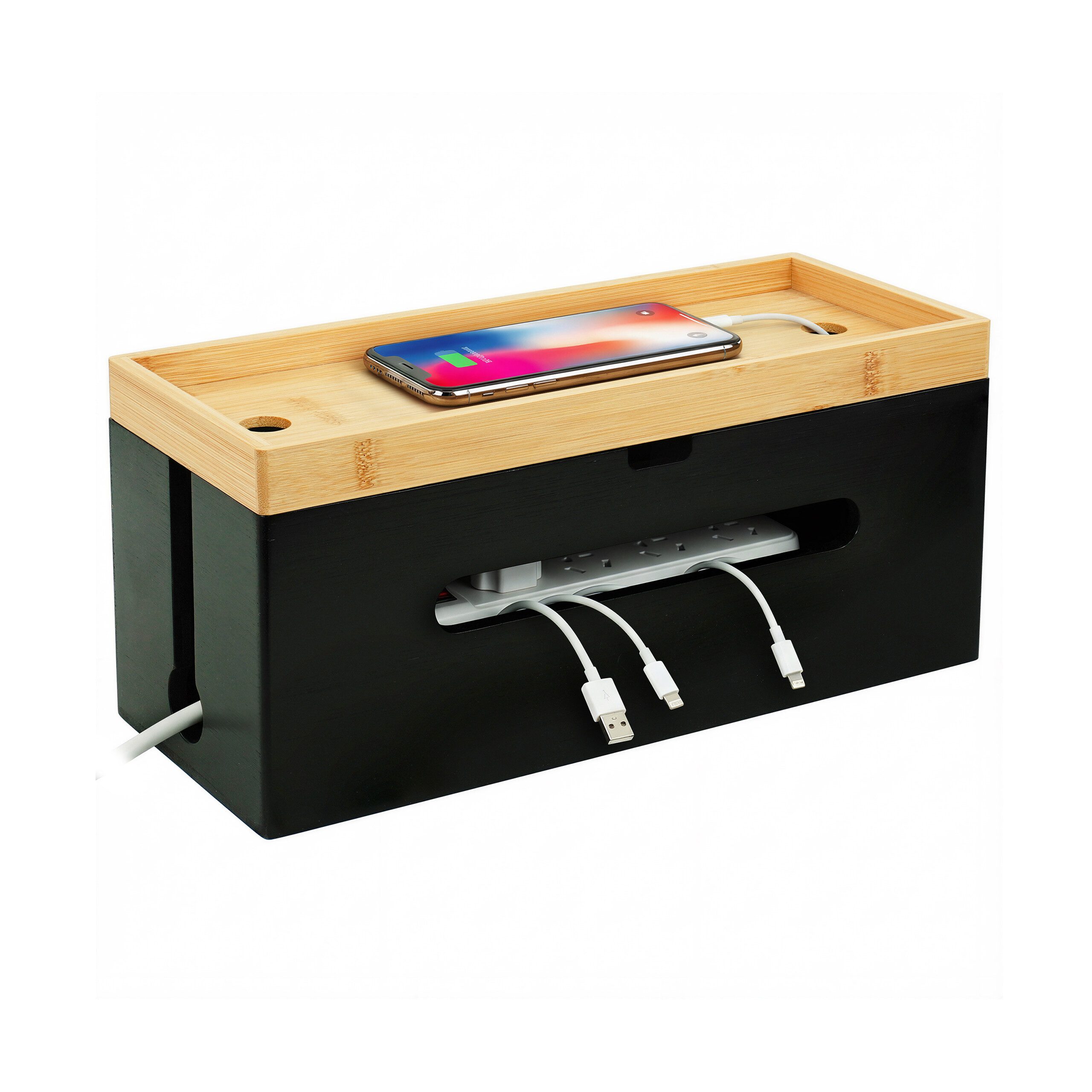 relaxdays Kabelbox aus Bambus, Natur-Schwarz