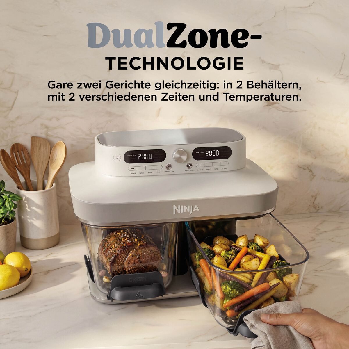 NINJA Heißluftfritteuse DD102EUIV2 Ninja CRISPi DualZone Glas-Air-Fryer mit 8 Funktionen – Weiß, 2860 W – Bild 3 von 5