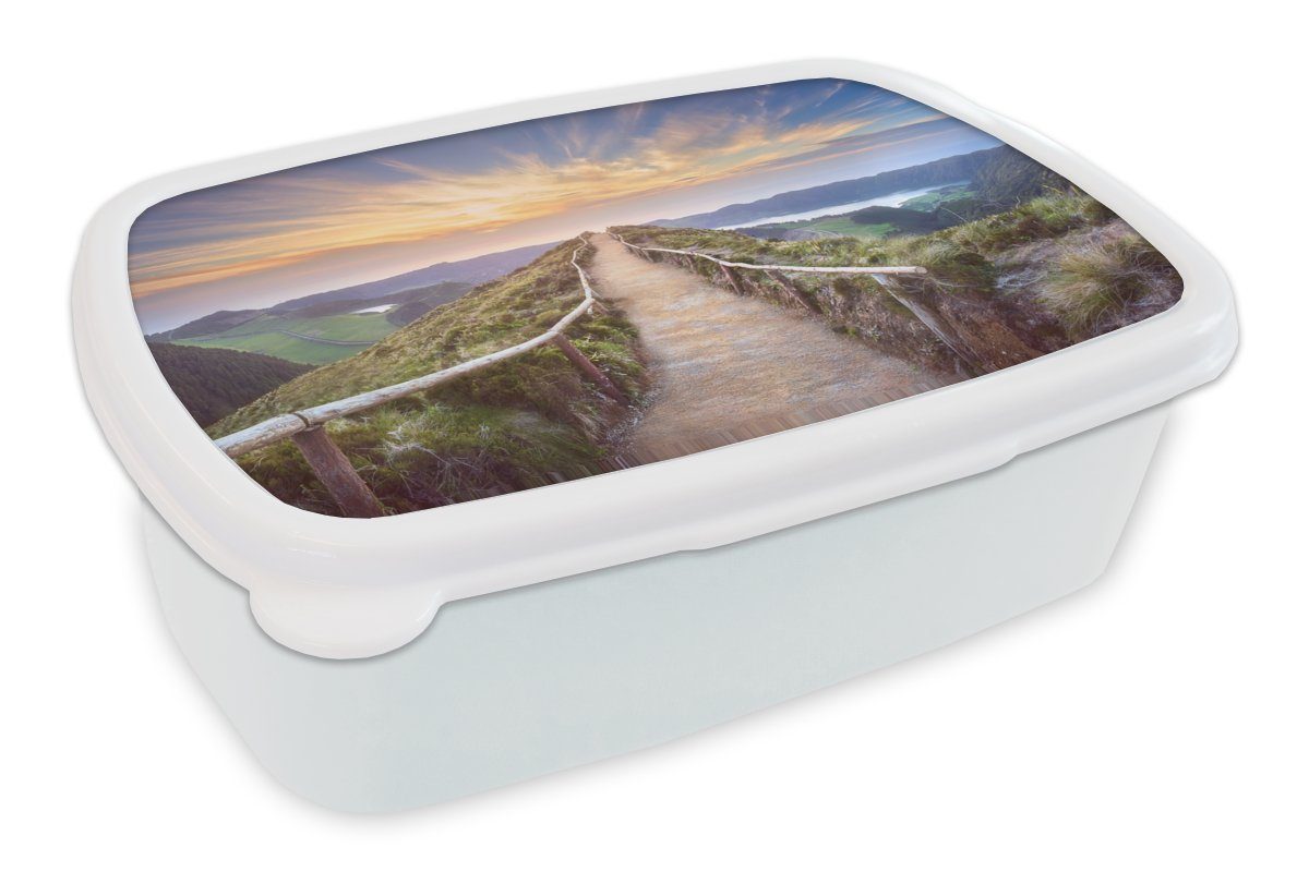 MuchoWow Lunchbox Berge - Natur - Weg, Kunststoff, (2-tlg), Brotbox für Kinder und Erwachsene, Brotdose, für Jungs und Mädchen weiß