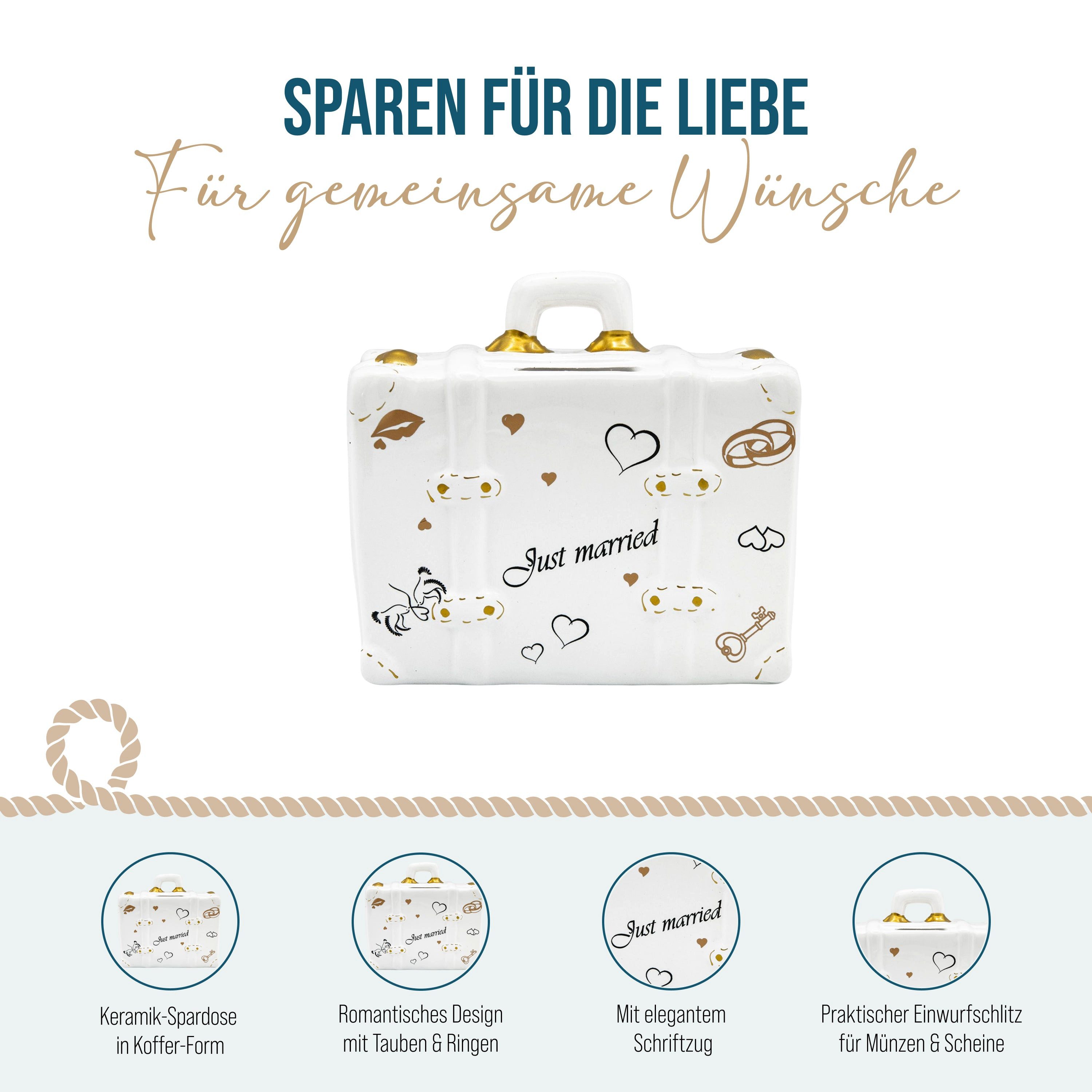 Logbuch-Verlag Dekofigur Spardose Koffer Just Married – Hochzeits-Spardose aus Keramik – Bild 3 von 5