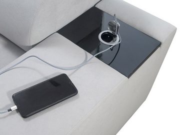 MIRJAN24 Wohnlandschaft Morena IV Mini, mit zwei Bettkästen und Schlaffunktion, Einstellbare Kopfstützen, USB-Anschluss, Barfach, Lampe, Steckdose