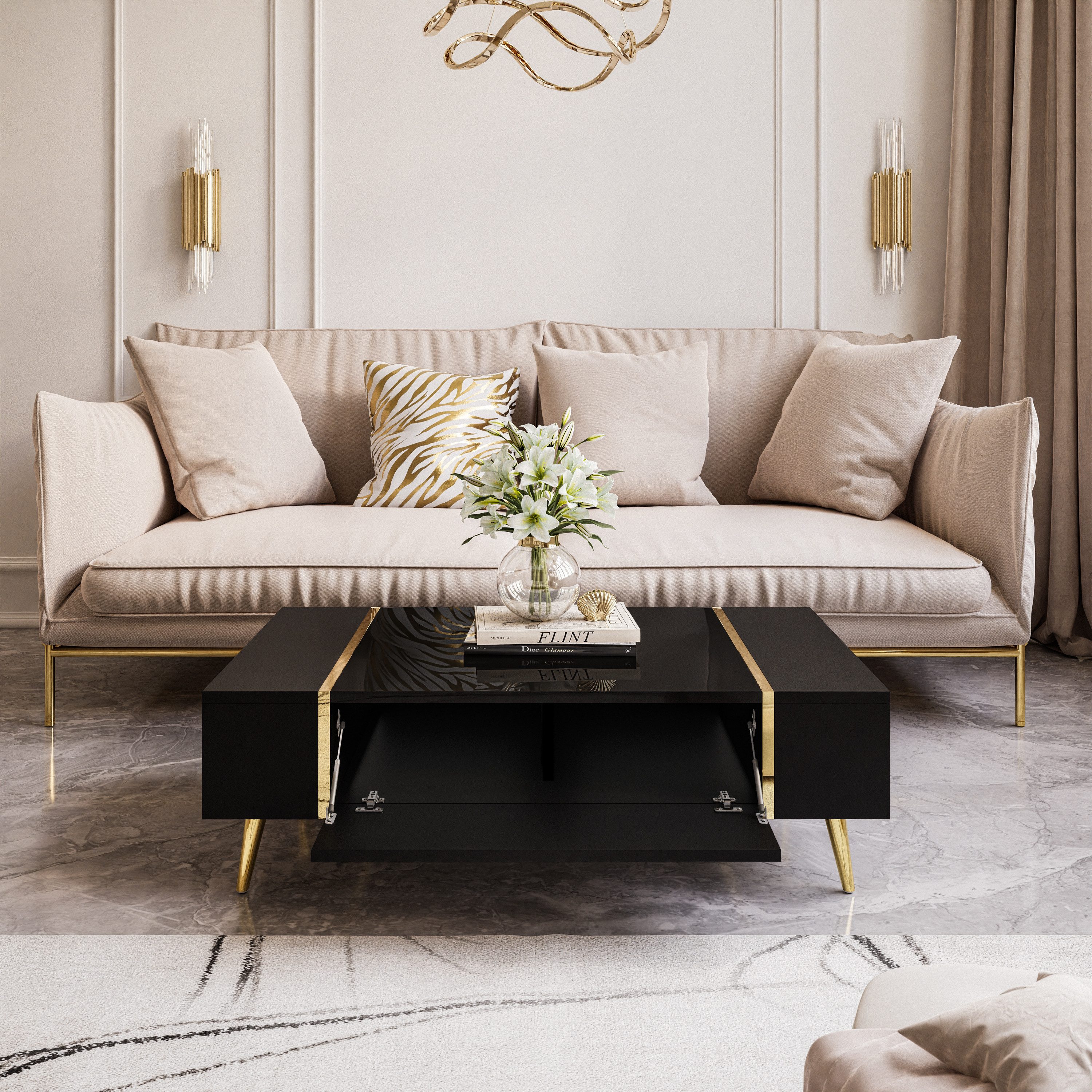 Lookway Couchtisch ONYX auf goldenen Beinen Hochglanz