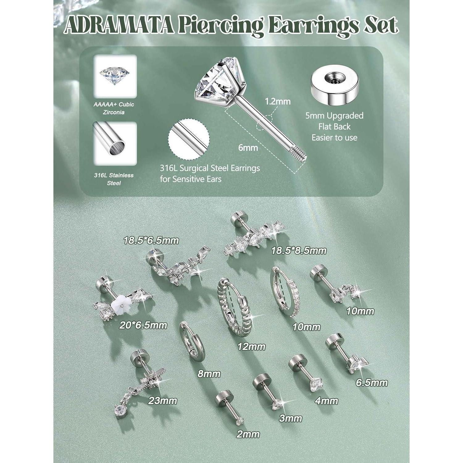 Adramata Piercing-Set 12Pcs Helix Piercings Set Chirurgenstahl Ohrringe CZ Ohrstecker Tragus