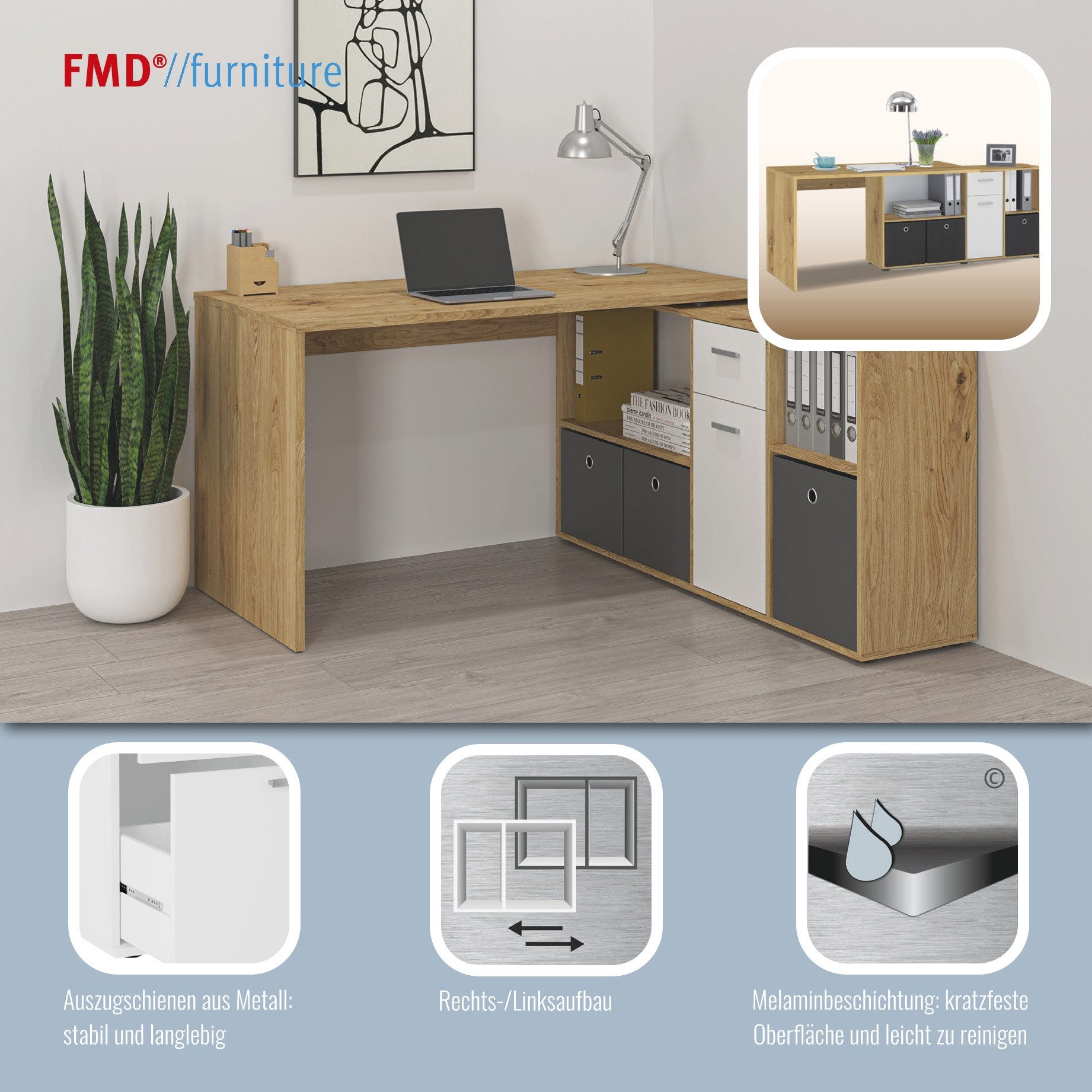 FMD Eckschreibtisch Lexo, Schreibtisch/Sideboard viel Stauraum, beidseitig montierb., 136/205 cm