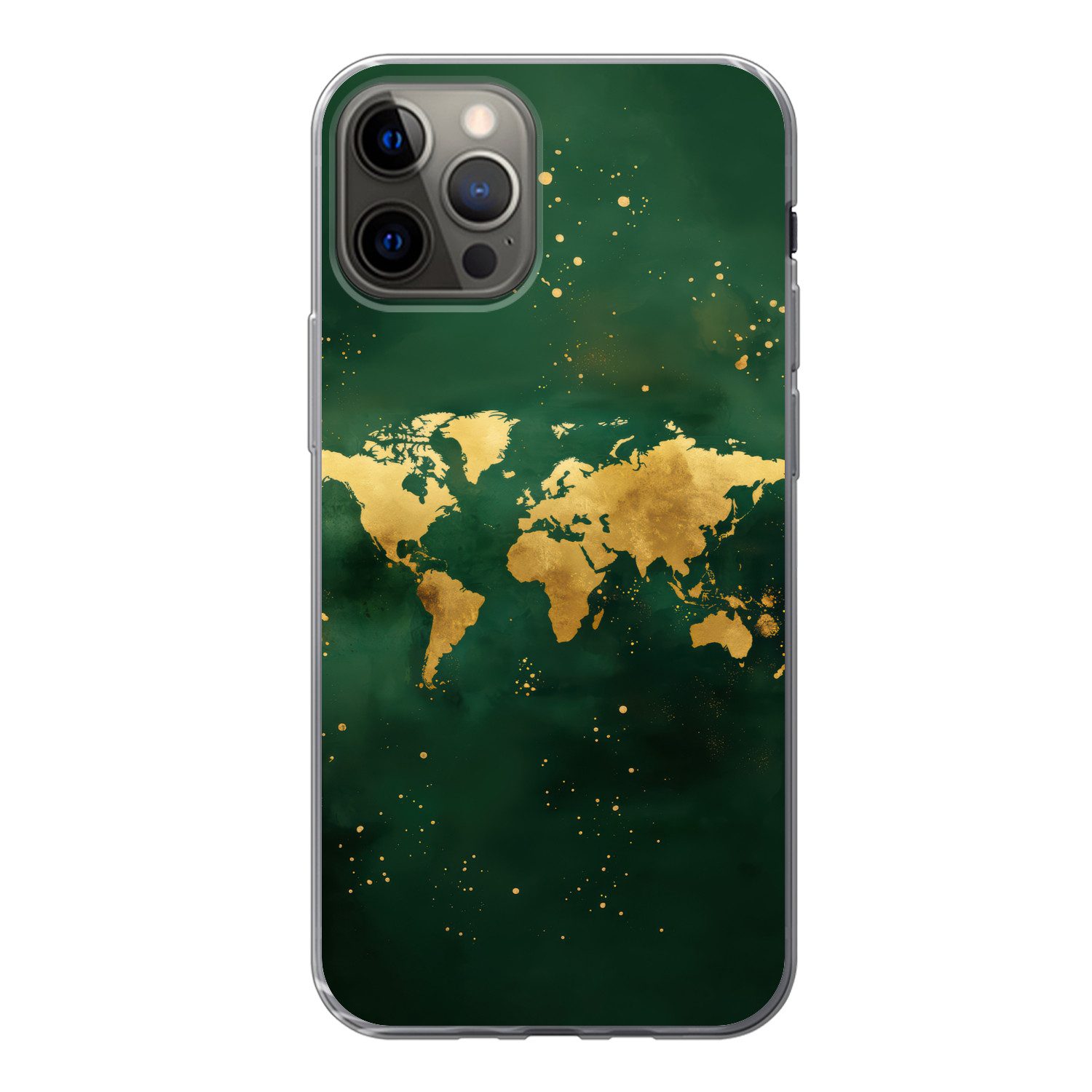 MuchoWow Handyhülle für Apple iPhone 12 Pro Weltkarte - Grün - Gold, Smartphone-Bumper, Print, Handy Schutzhülle Dünn
