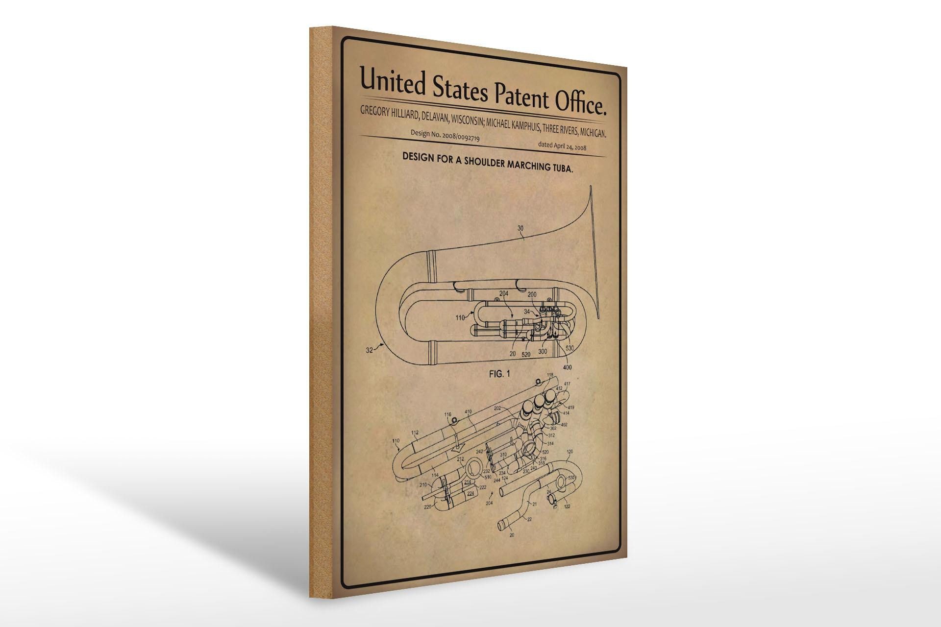 Femer GmbH Holzbild Patent 30x40 cm Entwurf für eine Tuba, (1 St), Glatte Holzfaserplatte (MDF), vorn beschichtet