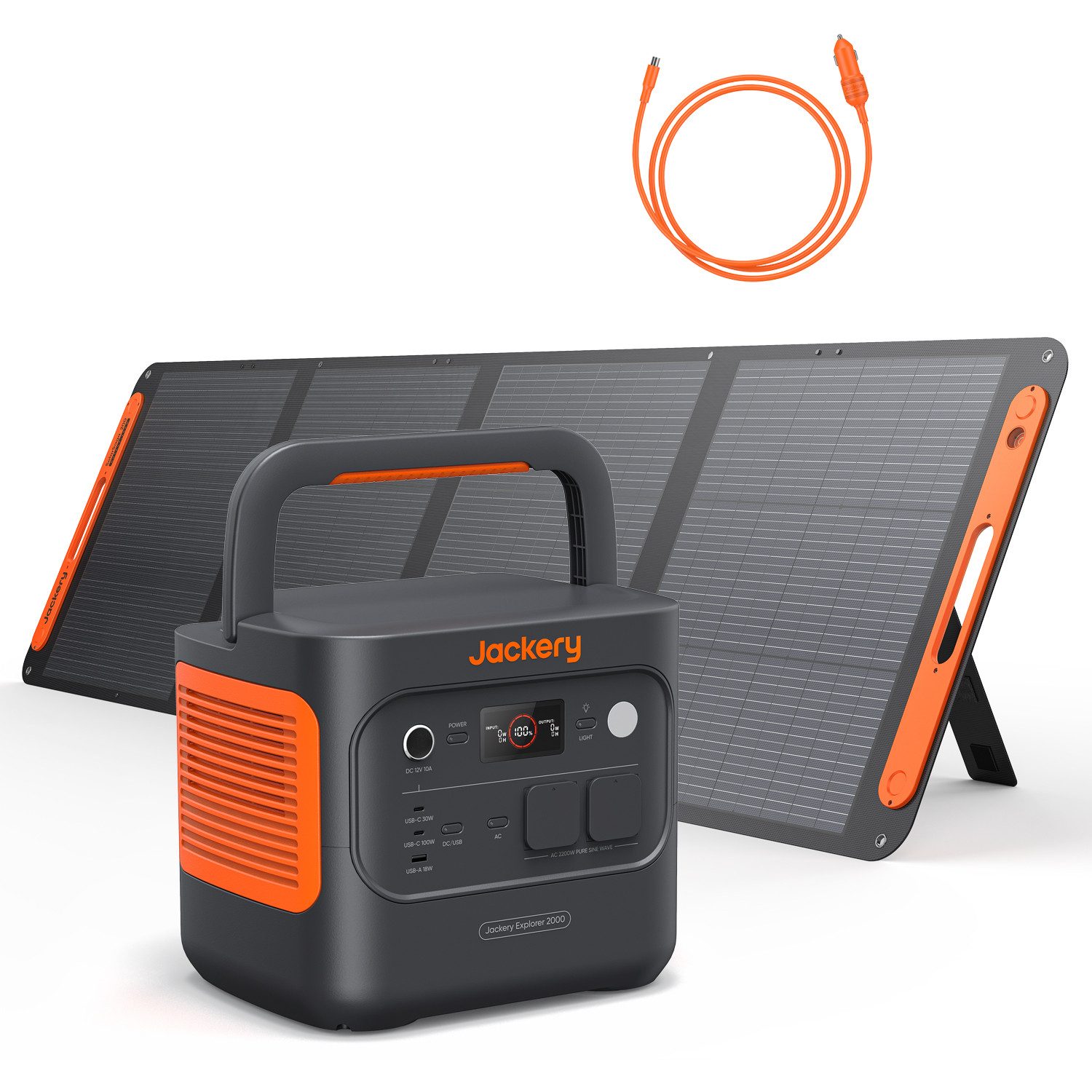 Jackery Stromerzeuger E2000 v2 Tragbare Powerstation mit 200W Solarpanel mit Kfz-Ladekabel, 4,4 in kW, 2042Wh/2200W Solargenerator LiFePO4 Schnellladung für Camping, Notfall