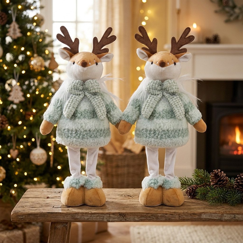 Christmas Paradise Weihnachtsfigur Hirsch stehend 34cm 2er Set (Dekofigur, 2 St., Weihnachtsdekoratiom), in Mintgrün mit Schal, Geweih & großen Plüschfüßen