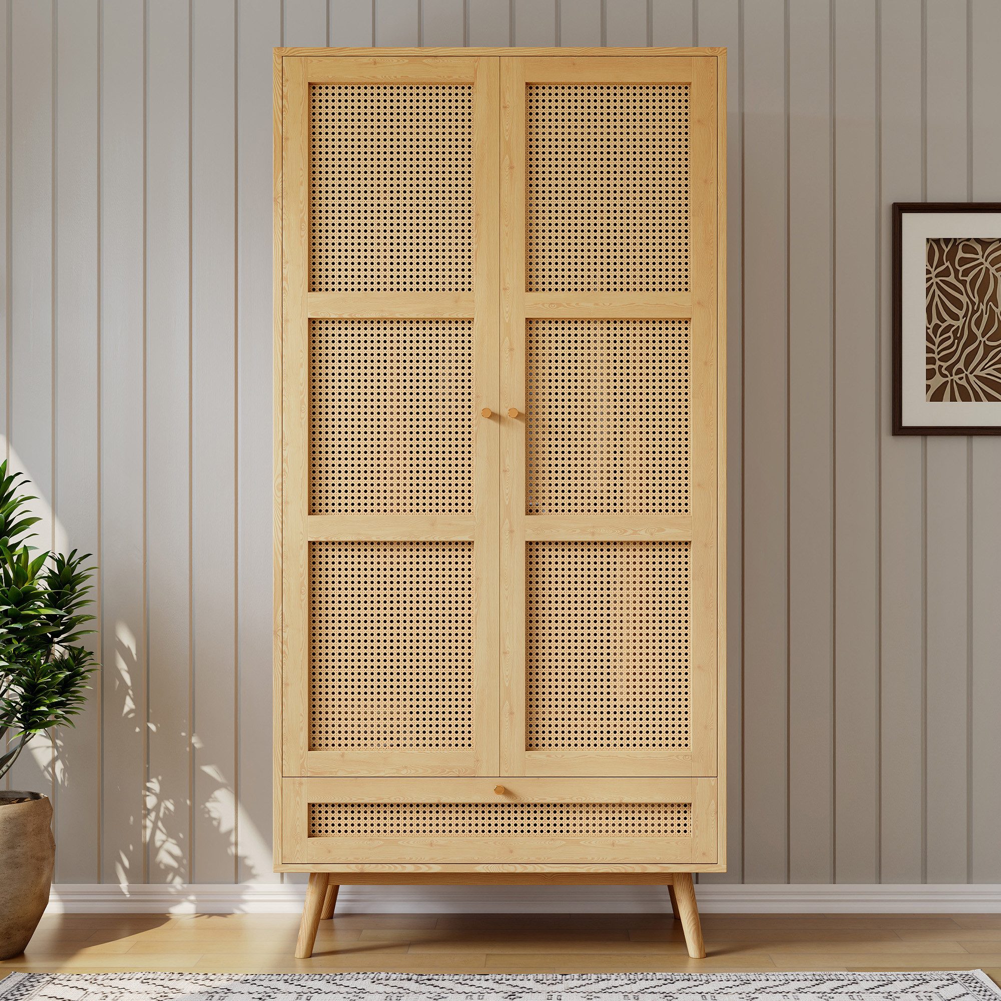 OKWISH mit Kleiderstange & Klapptür in Rattannetz-Optik (2-türiger Kleiderschrank mit Stange, Flip-Top-Deckel, Rattannetz-Optik und zusätzlichem Stauraum für Schlafzimmer & Wohnzimmer, Natur, Spanplatten+PE-Rattan, hochwertiger Metallgriff, Vielseitig für Schlafzimmer oder Wohnbereich geeignet) 90x183x45 cm, in Natur, aus Spanplatten & PE-Rattan