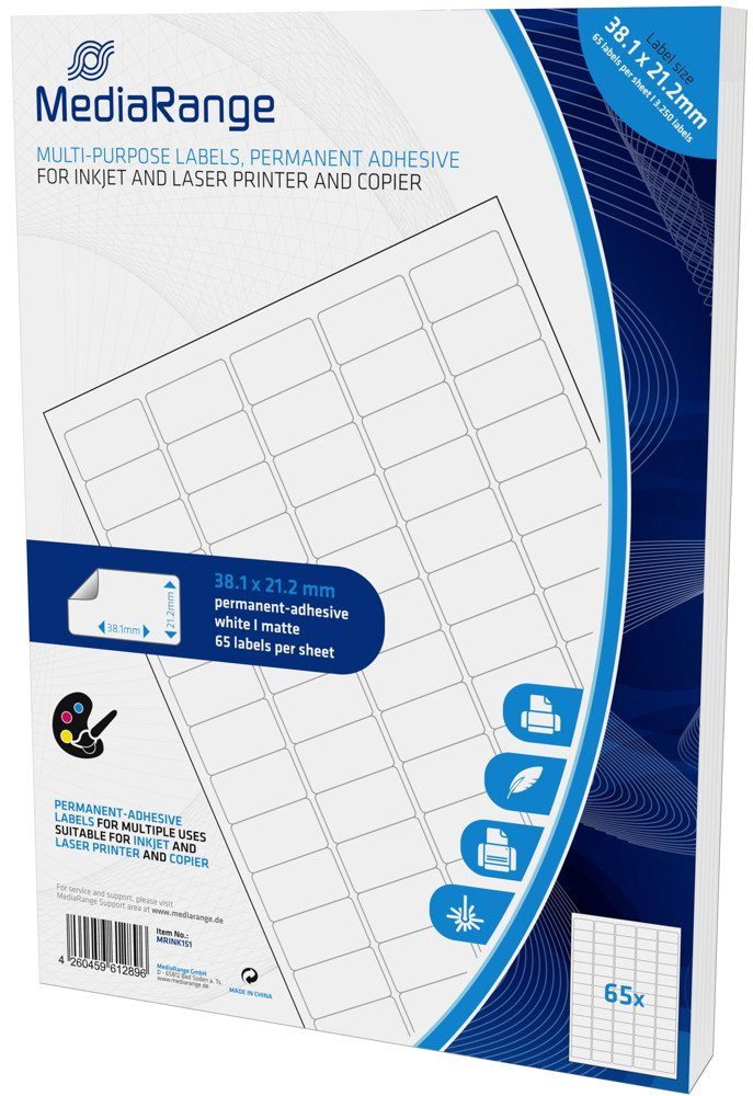 Mediarange Etikettenpapier 3250 Etiketten Label selbstklebend 38,1 x 21,2 mm auf 50 A4 Bogen