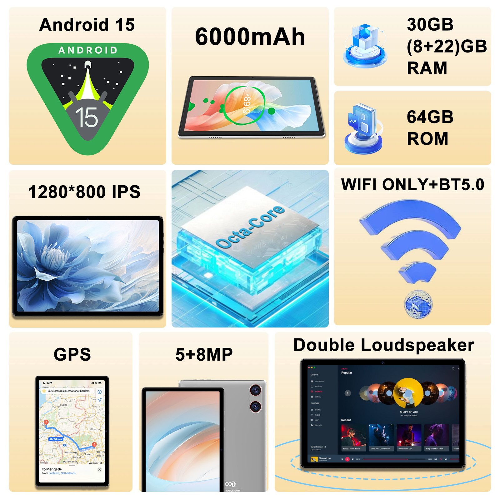 GOODTEL Tablet Android 15, WiFi, 30GB RAM 64GB Speicher erweitern bis zu 1TB Tablet (10,1", Android 15, 64GB Speicher/erweiterbar auf 512TB,6000mAh,Gemini AI,WiFi,Widevine L1)