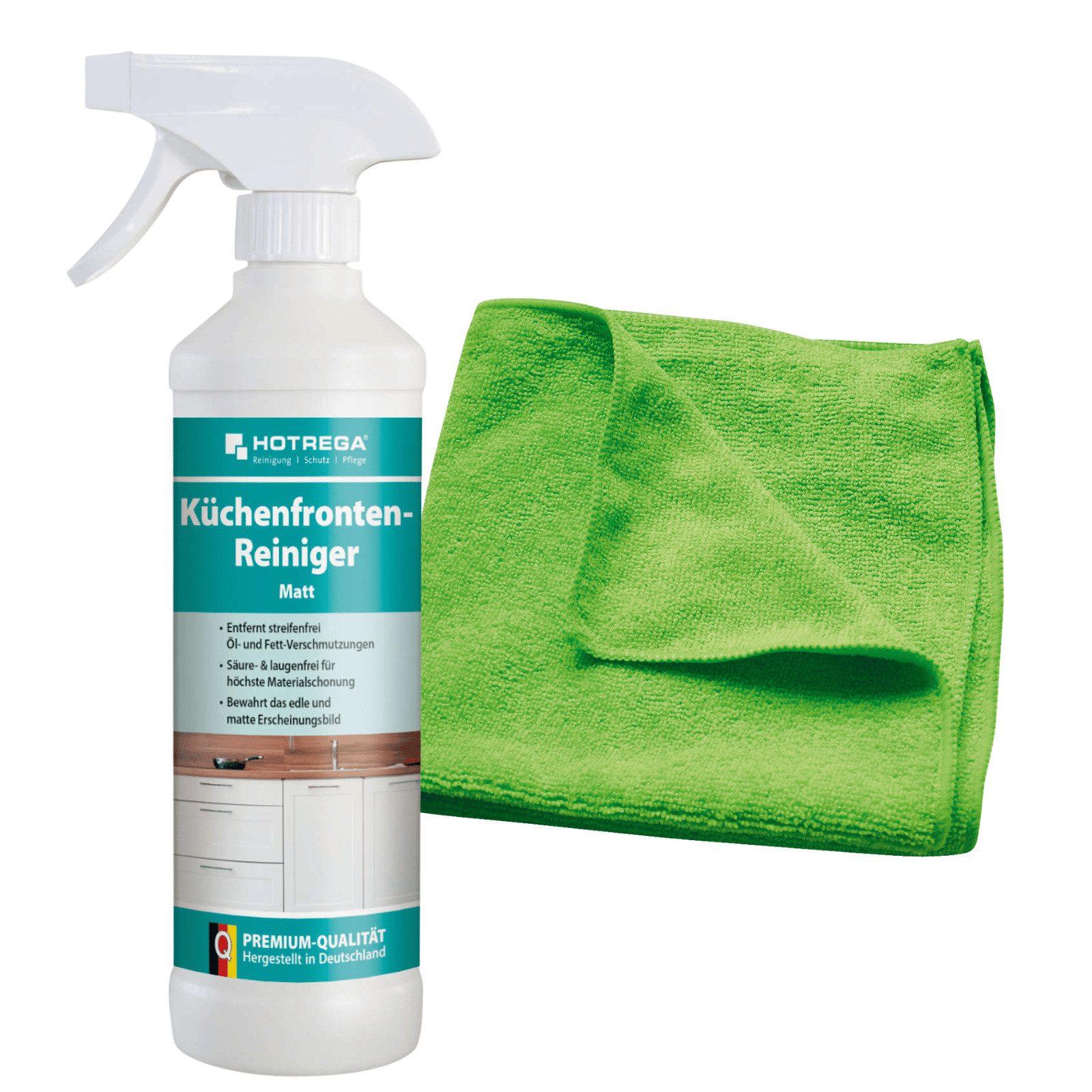 HOTREGA® Küchenfronten Reiniger Entfetter Pflege matt 500ml + Microfasertuch Küchenreiniger