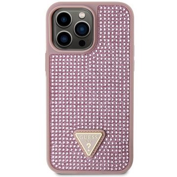 Guess Handyhülle Case iPhone 14 Pro Max rosa Glitzer Strass Logo Triangle 6,7 Zoll, Kantenschutz