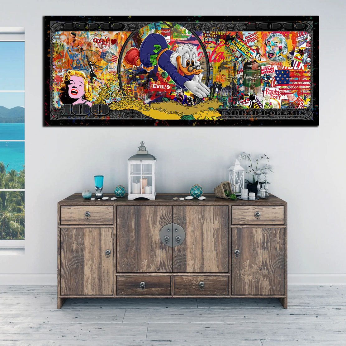 Artedinoi Leinwandbild Pop Art Comic Collage Stars Duck Leinwandbild Wandbild Kunstdruck XL W, Comic-Ente in Star-Collage