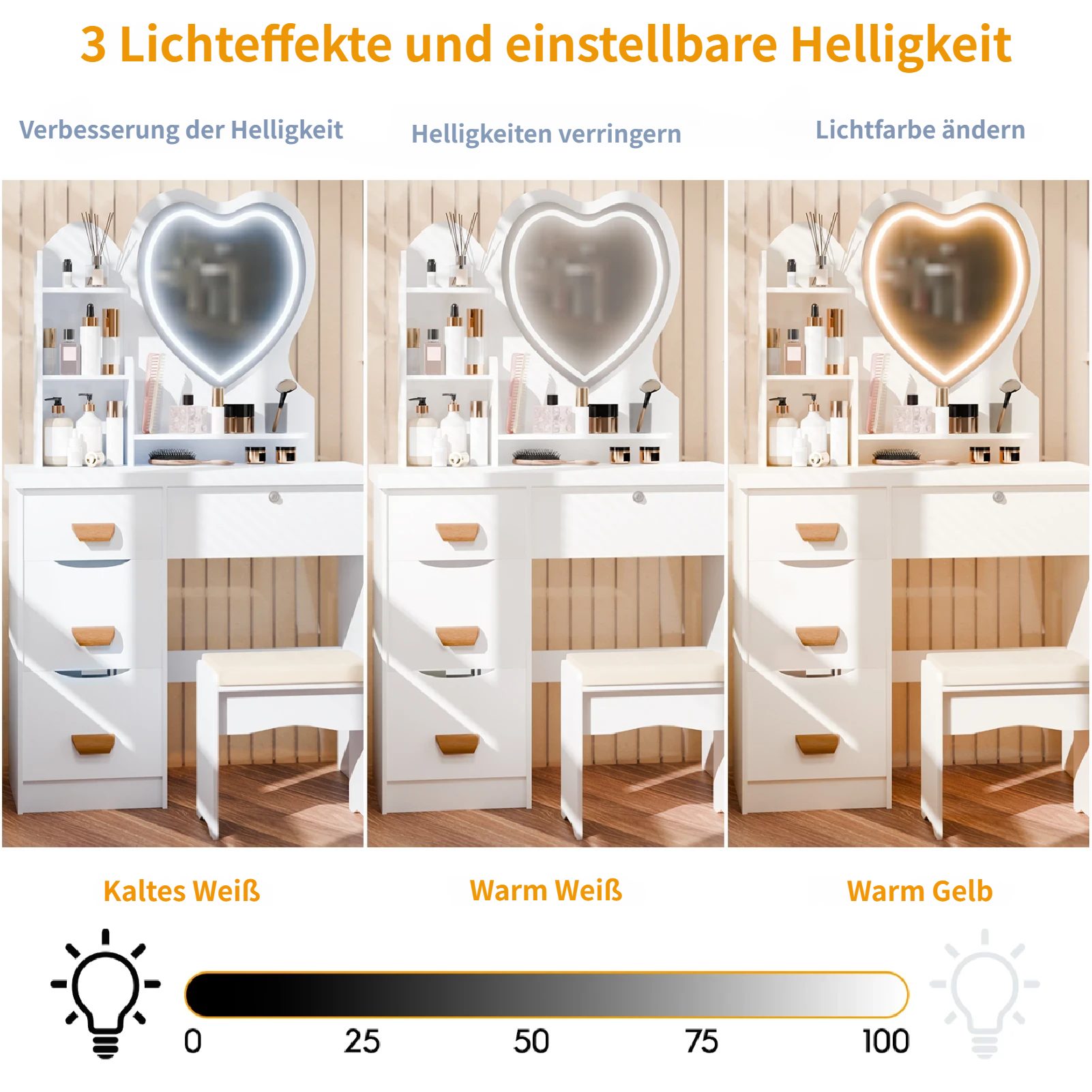 Rutaqian Schminktisch Schminktisch mit 3 Farblicht Herzspiegel, Schminktisch mit Stuhl, Sosmetiktisch mit 4 Schubladen & LED Spiegel, Inkl. Stuhl – Bild 4 von 5