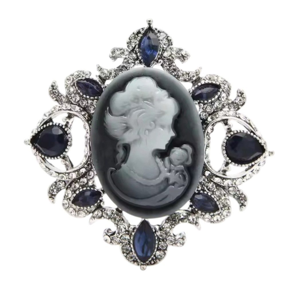 Dark-Desires Brosche Vintage Modeschmuck Kamee-Brosche Silber mit blauen Steinen, Damen Brosche vintage Accesssoire retro Anstecknadel