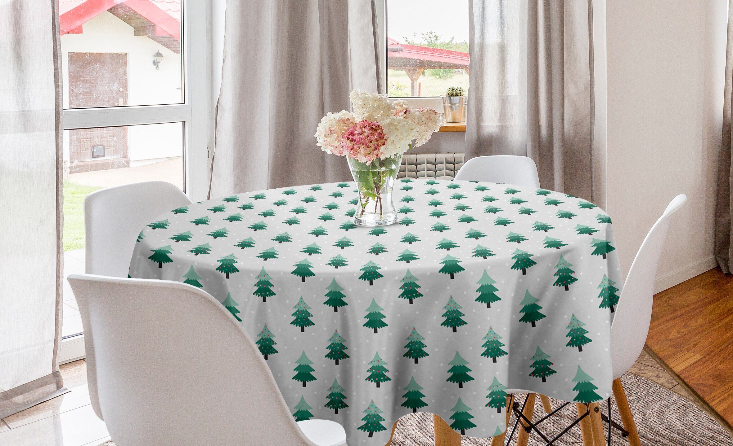 Abakuhaus Tischdecke Kreis Tischdecke Abdeckung für Esszimmer Küche Dekoration, Grünes Weihnachten Zier Pines Snows