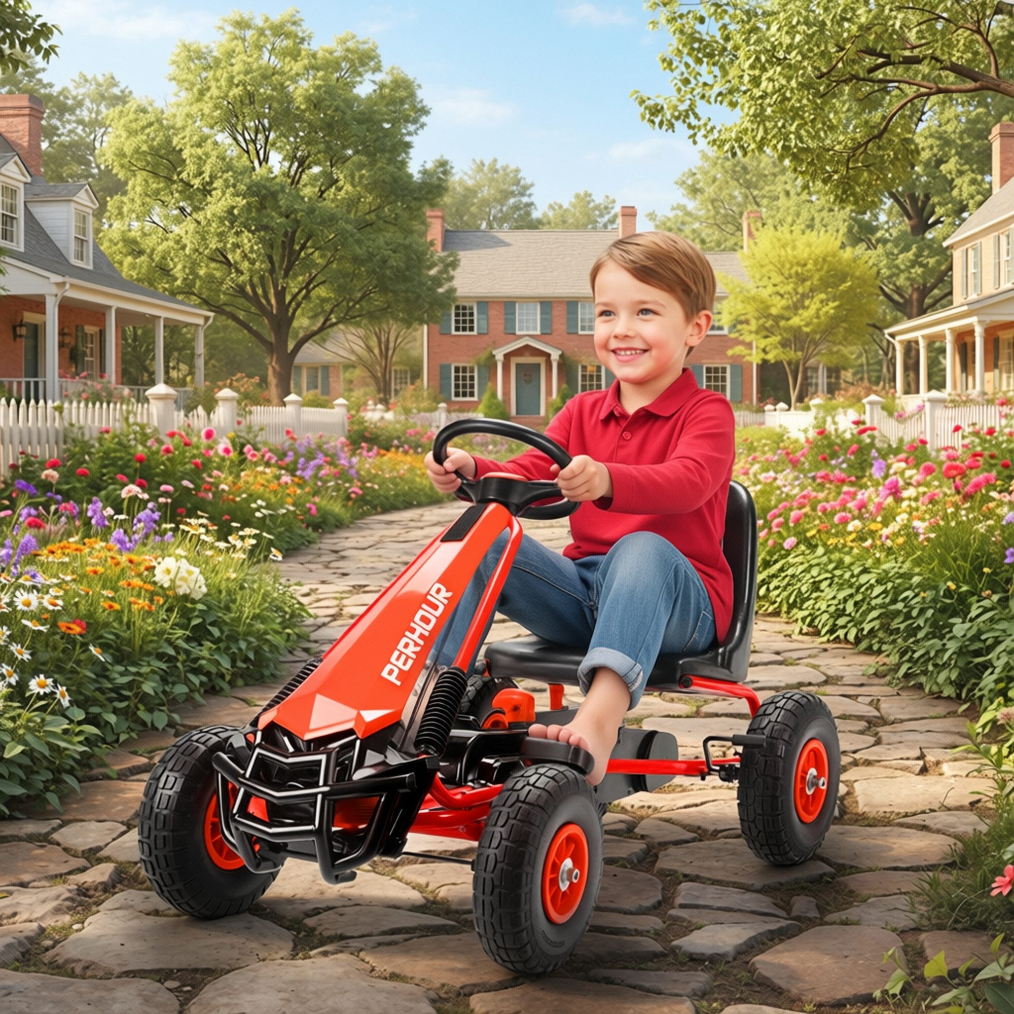 AIYAPLAY Go-Kart Tretauto mit Handbremse, verstellbarem Sitz, Pedalantrieb, für Kinder 3-8 Jahren, Rot – Bild 2 von 5