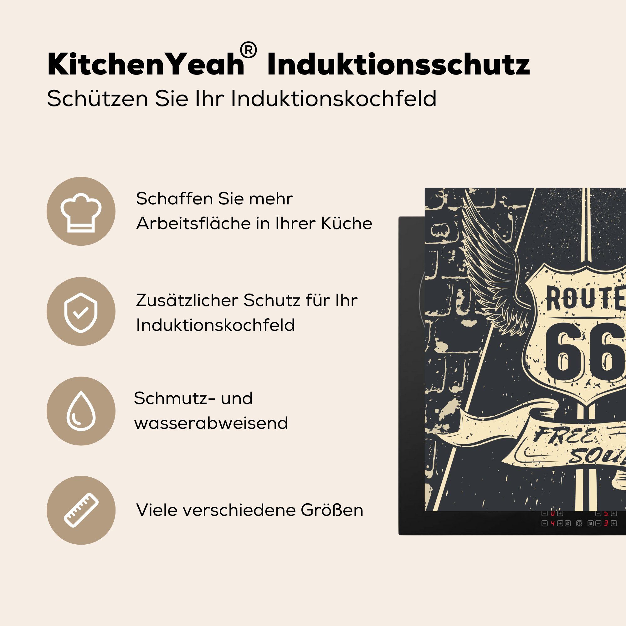cm, Route - Vintage Vinyl, MuchoWow Schwarz tlg), 66 küche 78x78 (1 Weiß, Ceranfeldabdeckung, - - Herdblende-/Abdeckplatte für Arbeitsplatte