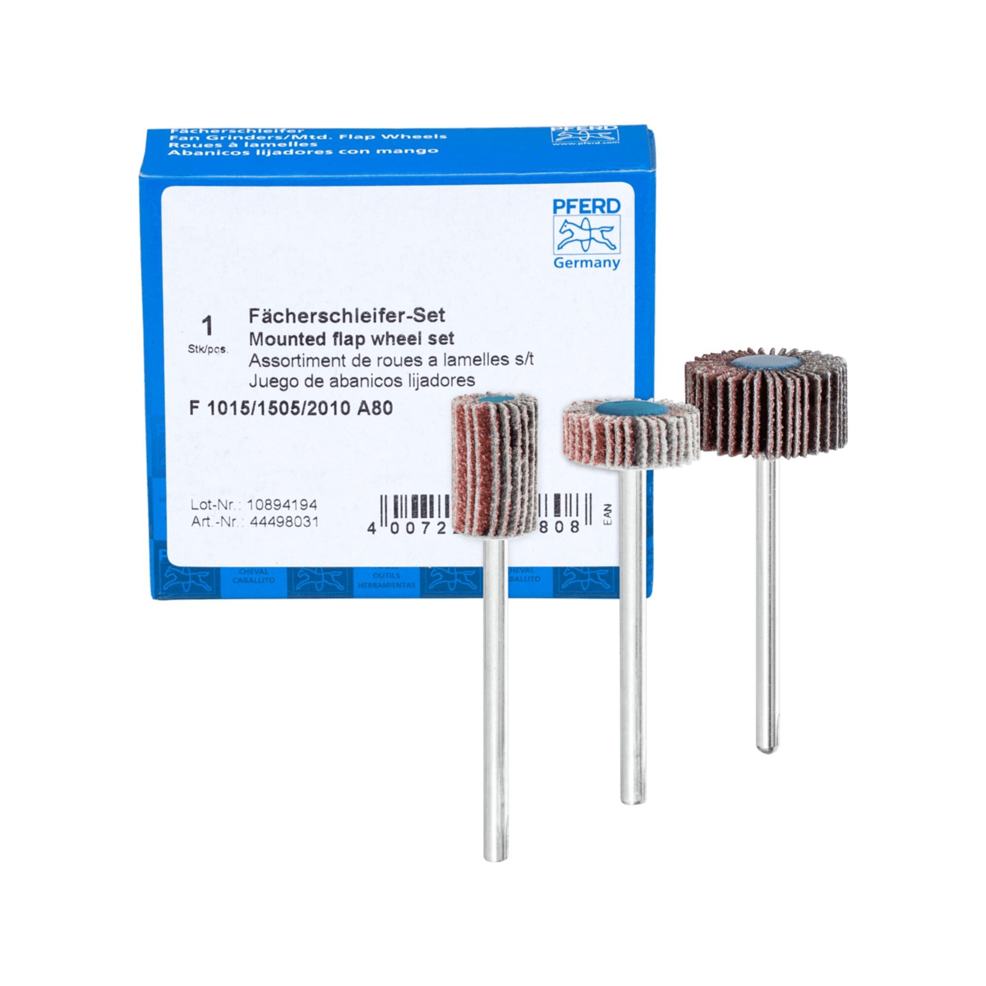Pferd Schleifscheibe PFERD TOOLS Fächerschleifer-Set Korund A 80 Ø10x15mm, Ø15x5mm und Ø20x