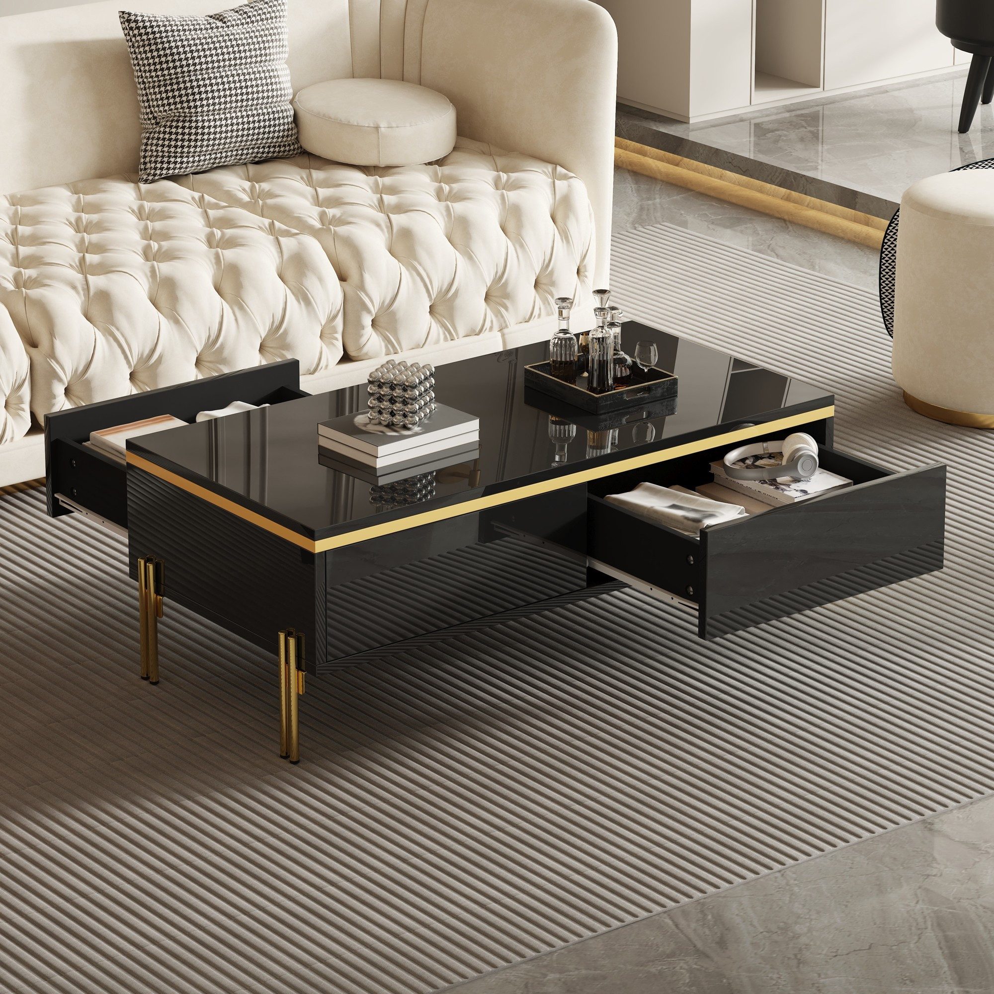 MODFU Couchtisch mit unsichtbarem Stauraum, 100x36x50 cm (Packung, 1-St., Bietet diskrete Aufbewahrung ohne das cleanes Design zu stören), In Schwarz, Hochglanz, 2 beidseitig zugängliche Schubladen