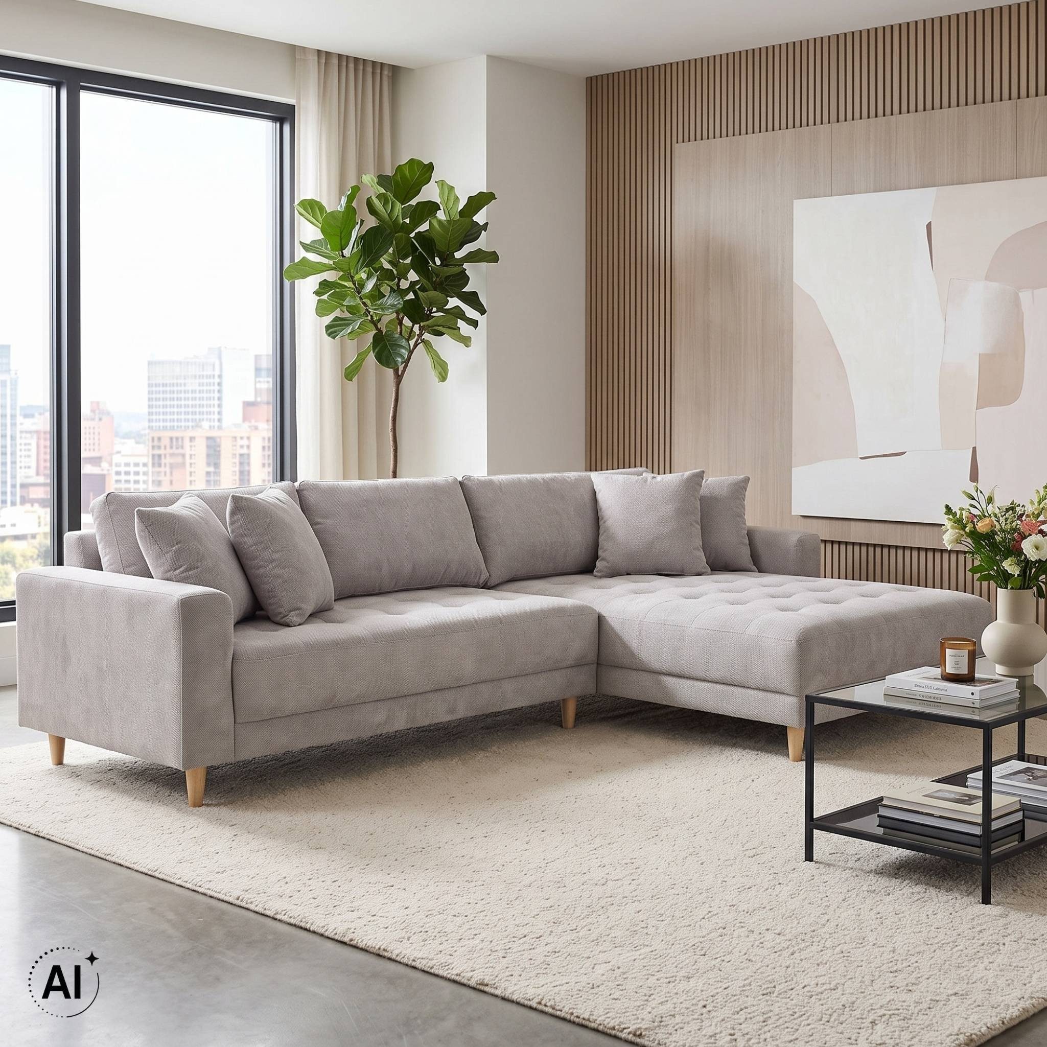 MR.DEKO Loungesofa Gorino Couch groß XXL Sofa Wohnzimmer Beige Strukturstoff, Ecksofa mit beidseitig montierbarer Ottomane 1 Teile, Ottomane beidseitig montierbar, Strukturstoff und Komfortpolsterung