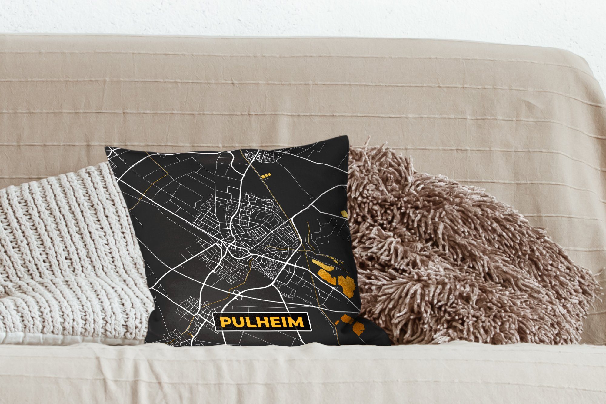 - - - Pulheim Schlafzimmer, Gold, Füllung Stadtplan für MuchoWow Zierkissen Dekokissen Deutschland mit Deko, - Karte Wohzimmer, Sofakissen