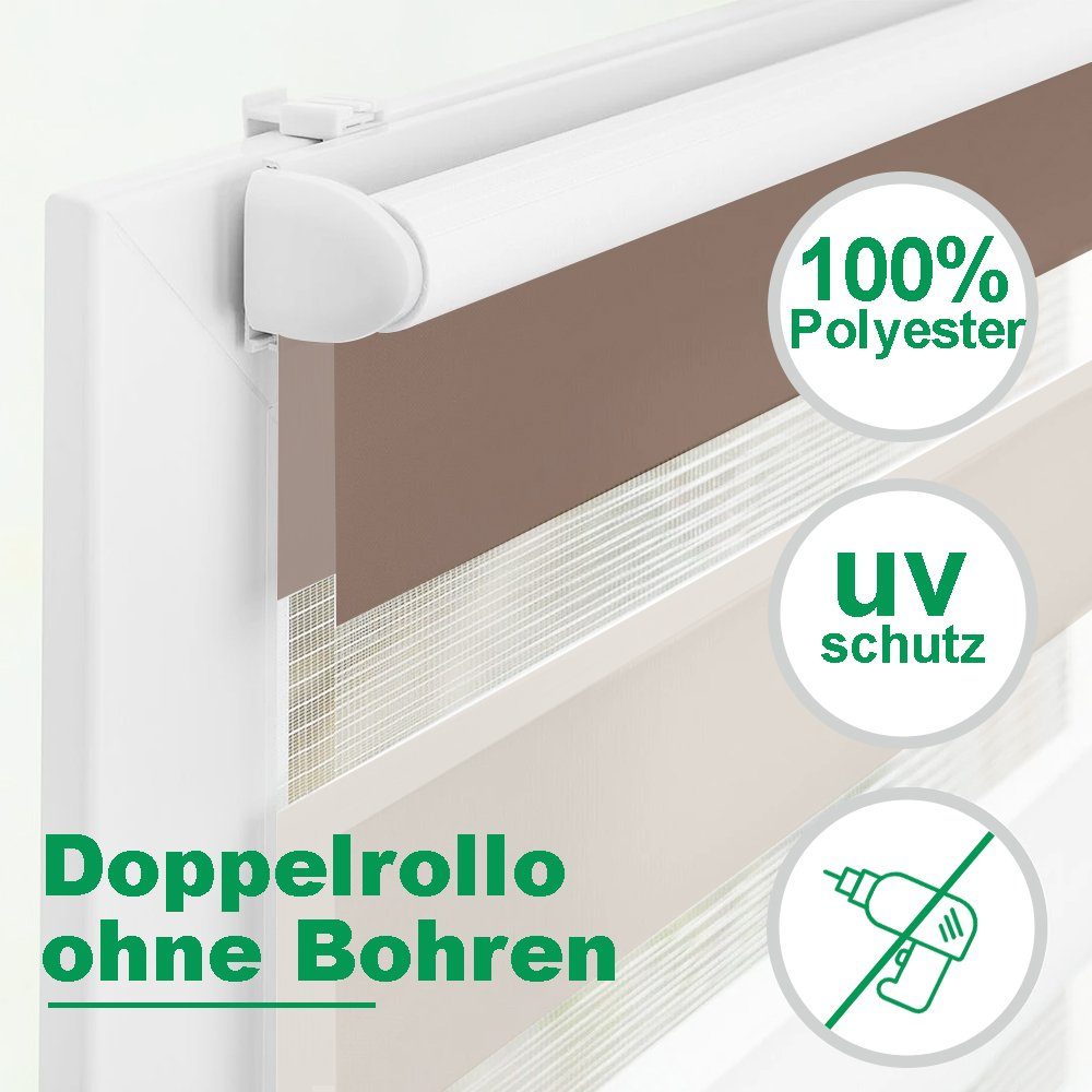 Doppelrollo Fensterrollos Ohne Bohren, Vkele, 130cm/160cm, klemmfix,klemmträger, Sonnenschutz, Lichtdurchlässig und Verdunkelnd.