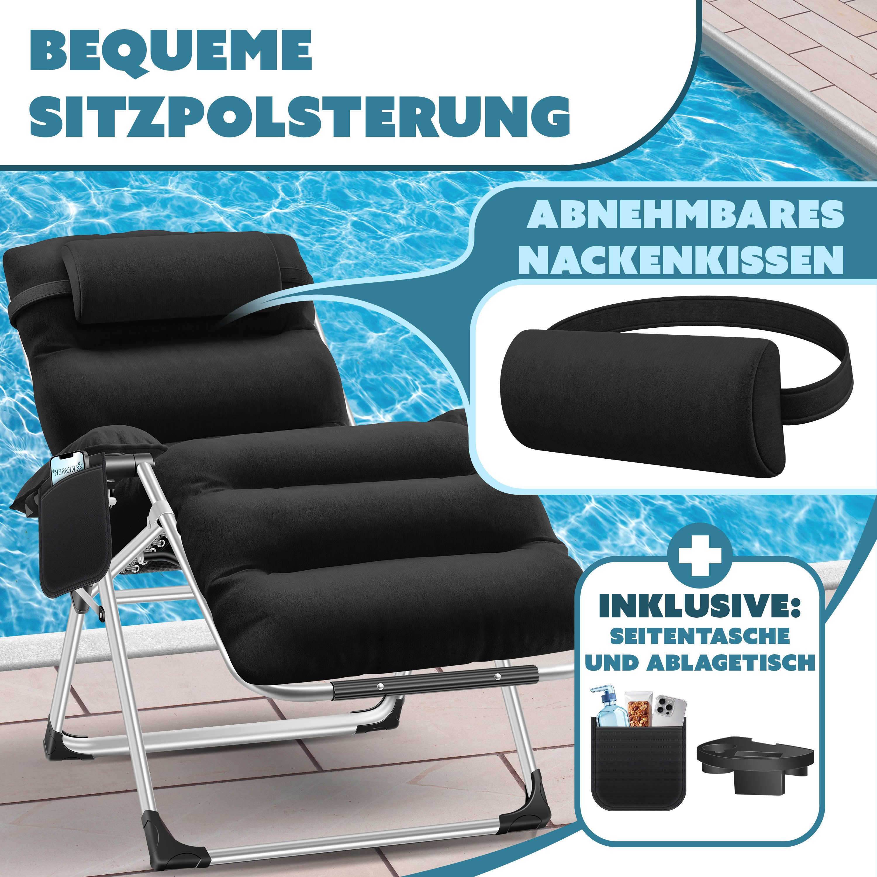 KESSER Gartenliege, Sonnenliege Liegestuhl Klappbar + Nackenkissen Gartenstuhl